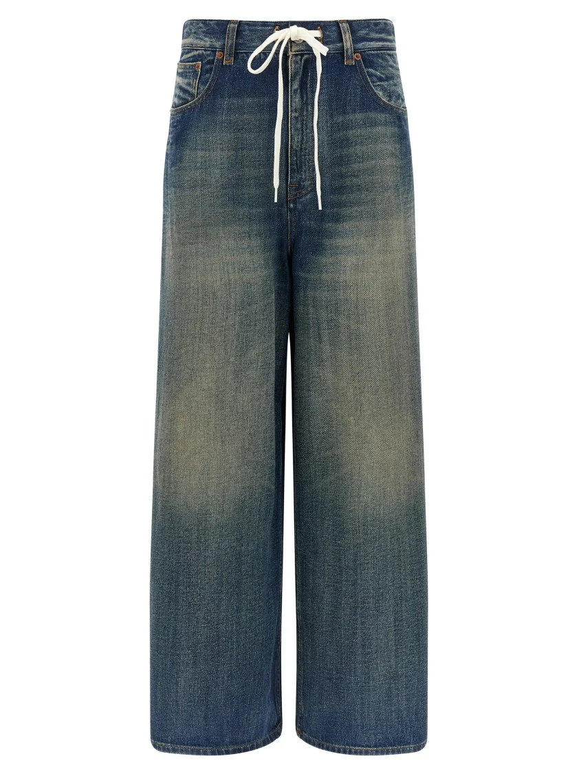 Stone-Washed Delavé Cotton Wide Leg Jeans