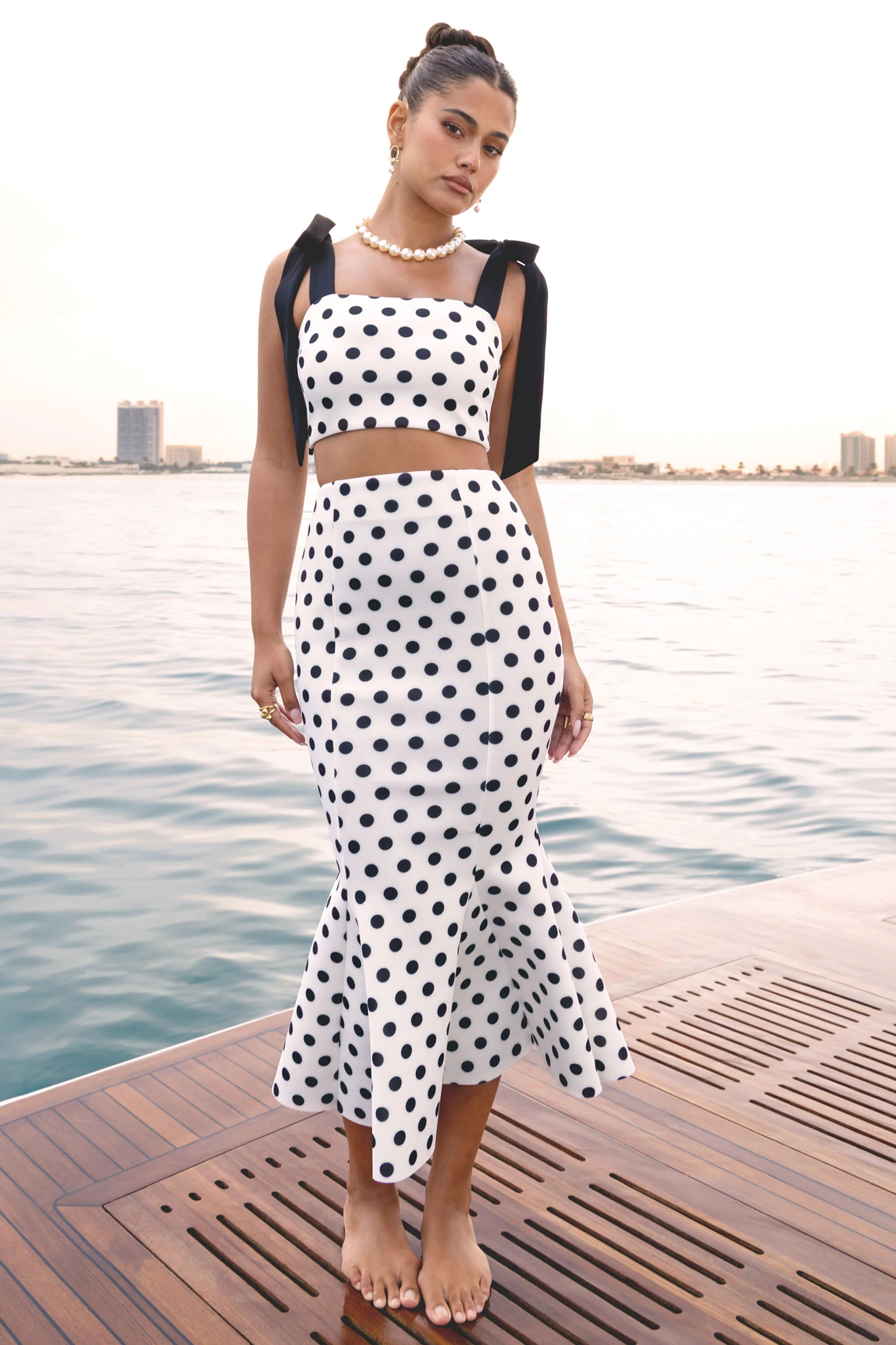 Amadea | Black & White Polka Dot Fishtail Midi Skirt