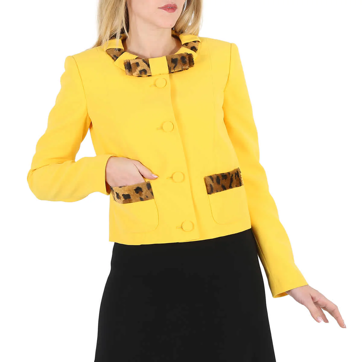Moschino Ladies Yellow Leopard Print Detail Crepe Blazer, Brand Size 40 (US Size 6)