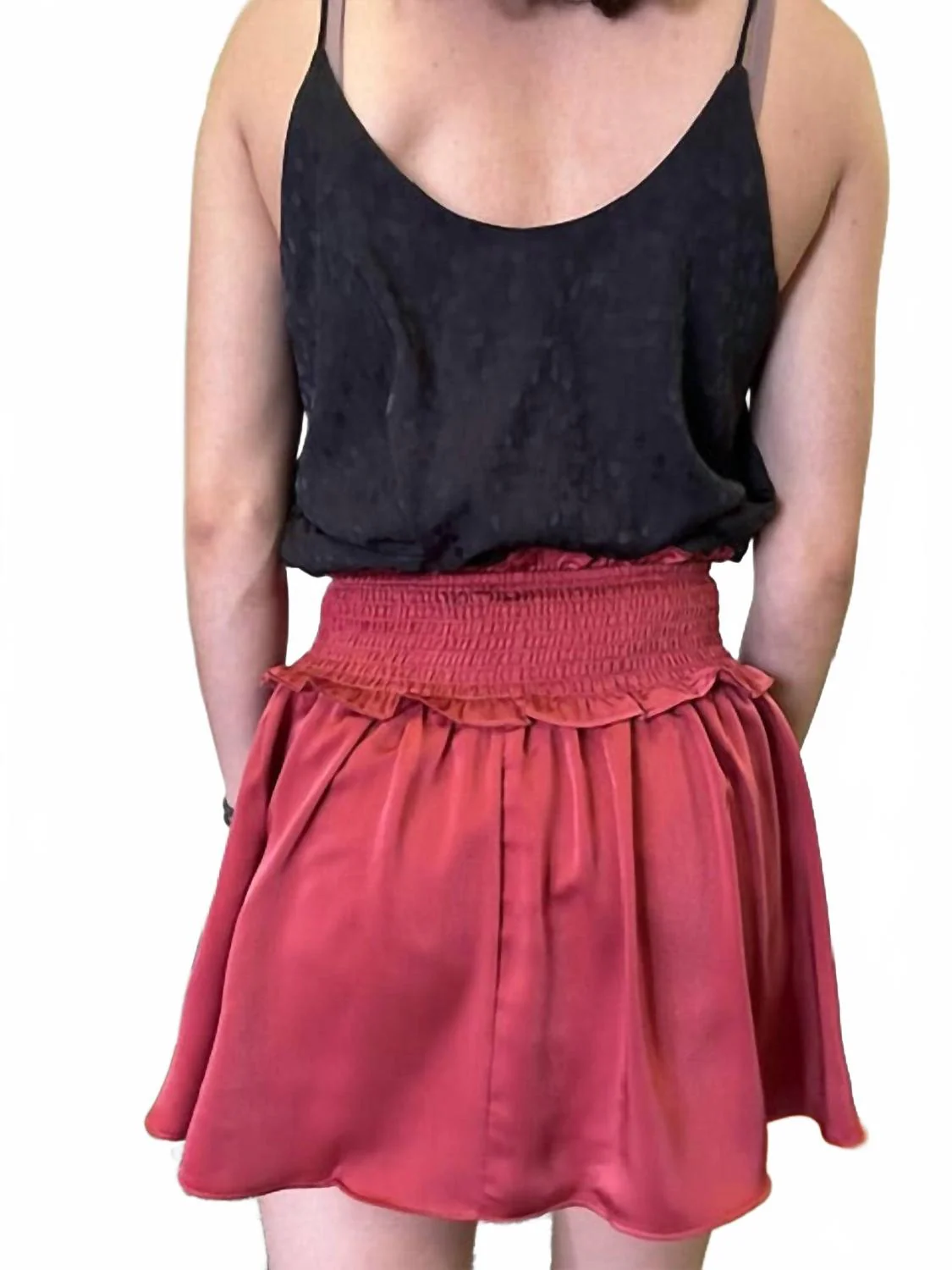 Woven Satin With Smocked Waistband And Shorts Lining Mini Skirt In Brick