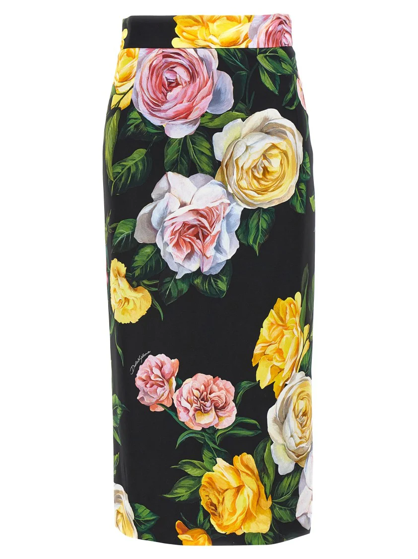 Floral Print Charmeuse Silk Longuette Skirt