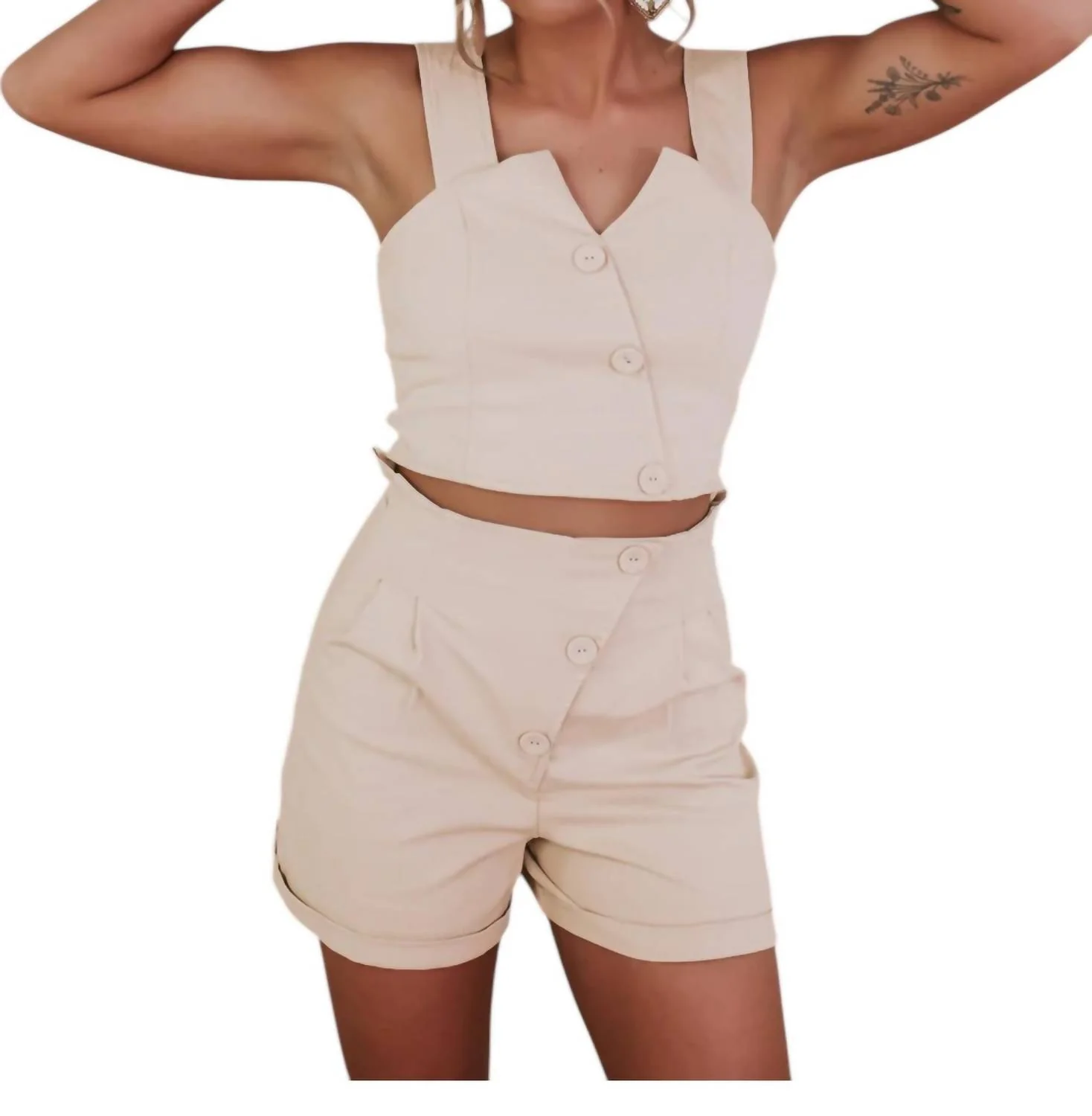 Button Down Short And Cropped Top Set In Cream