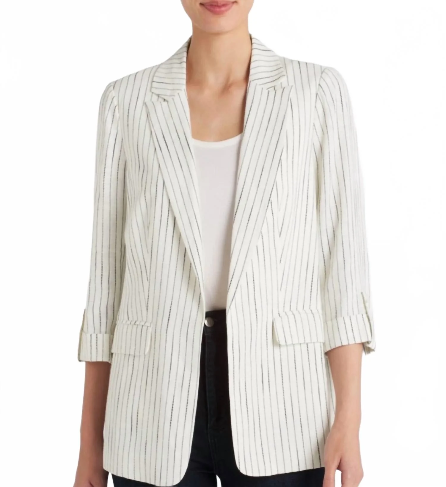 Linen Blend Pinstripe Blazer In Off White