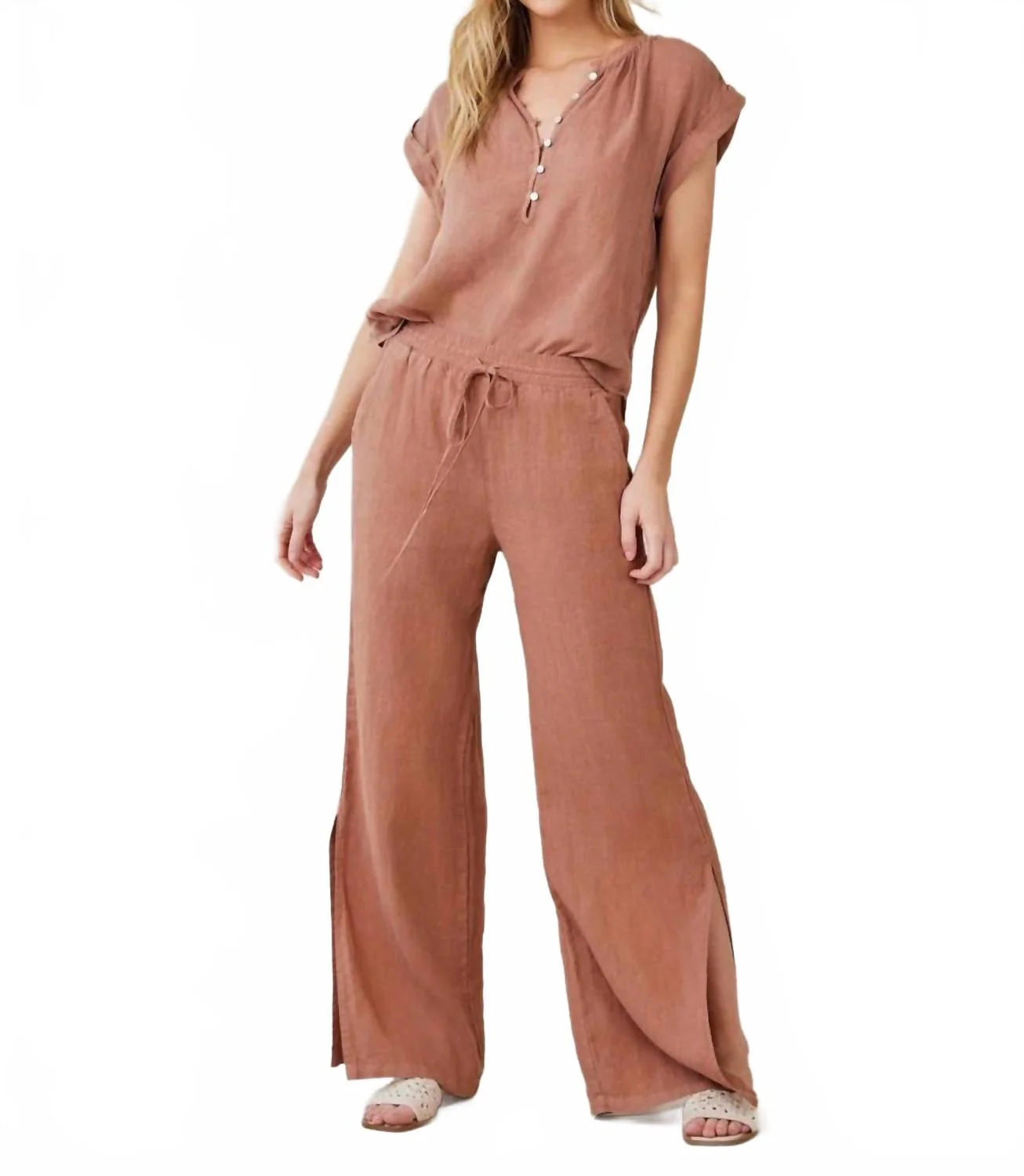 Linen Side Slit Wide Leg Pant In Brown