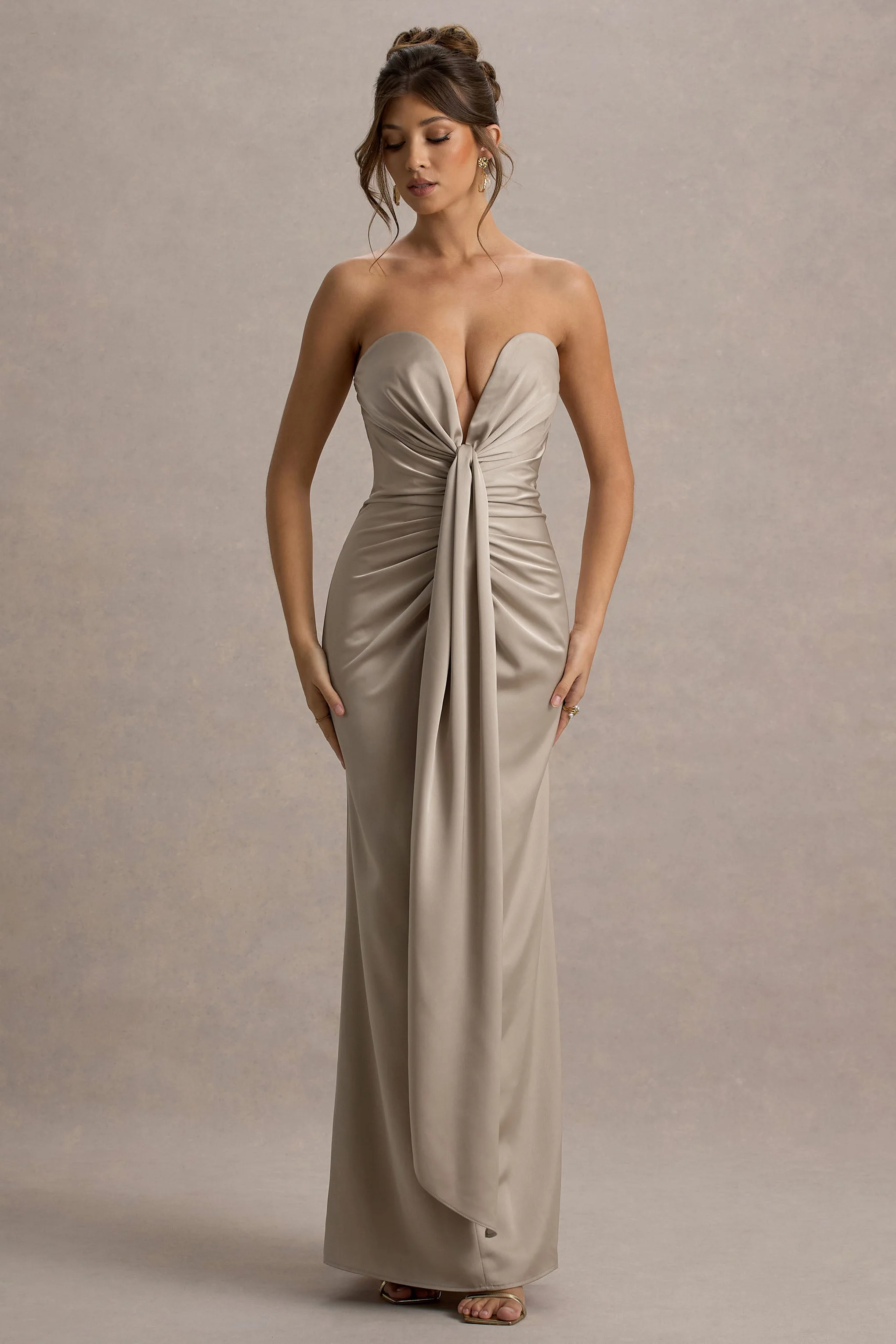 Mackenzie | Champagne Satin Plunge-Neck Draped Maxi Dress