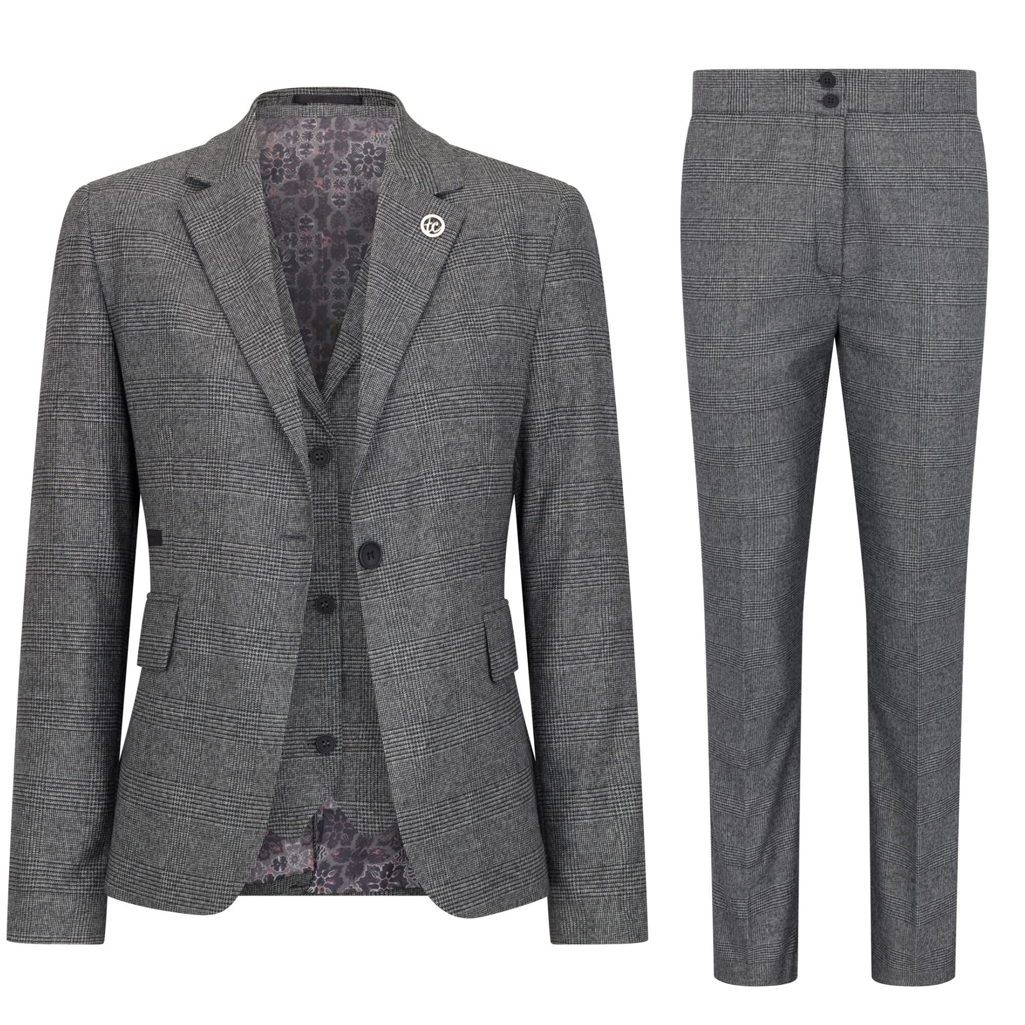Women's Grey Three-Piece Tailored Fit Suit in Prince of Wales Check