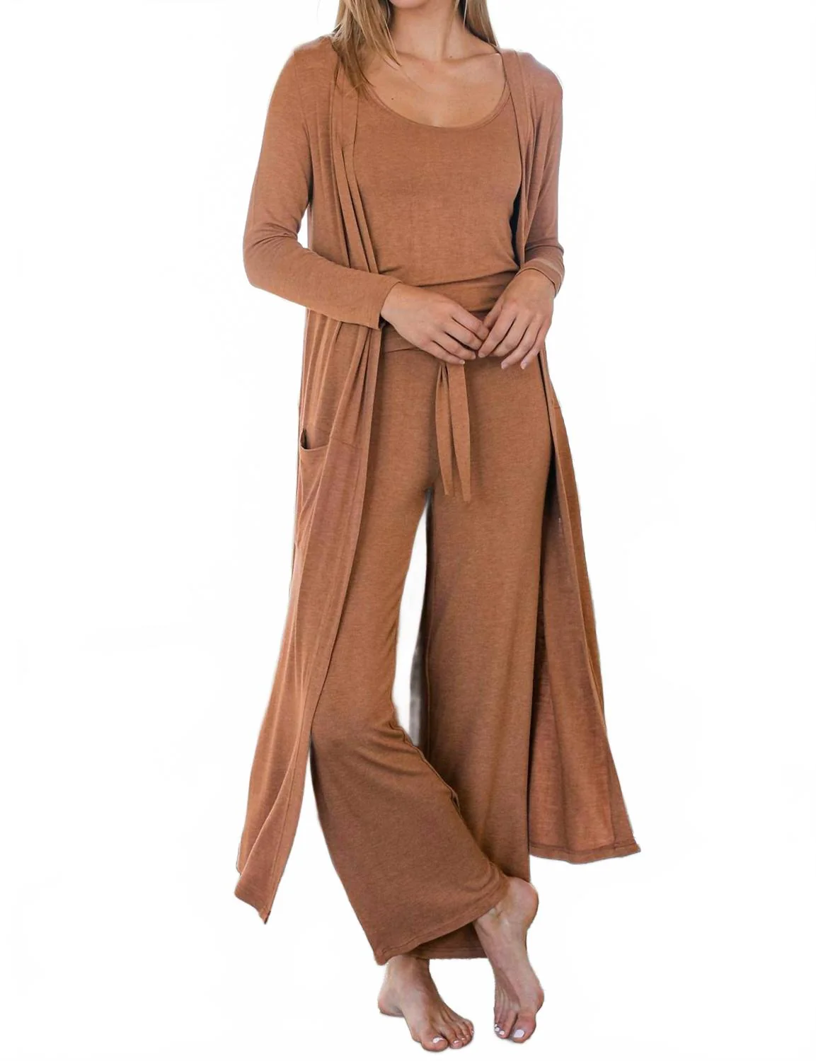 Peyton Bamboo Sweater Drawstring Lounge Pant In Camel Heather