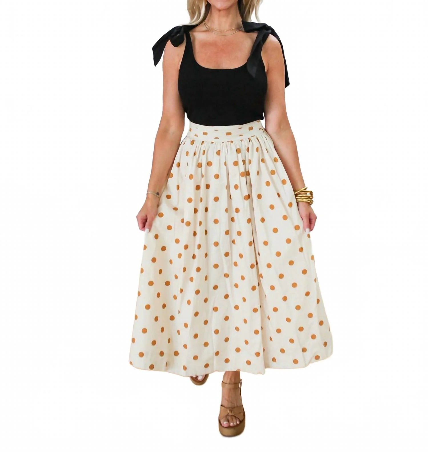 Golden Polka Dot Midi Skirt In Cream