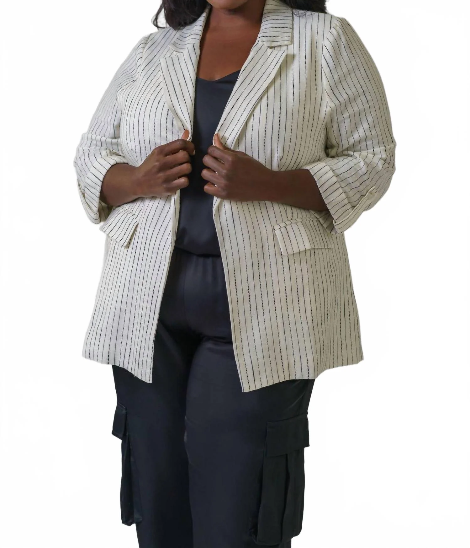 Linen Pinstripe Cuffed Blazer - Plus Size In Off White & Black