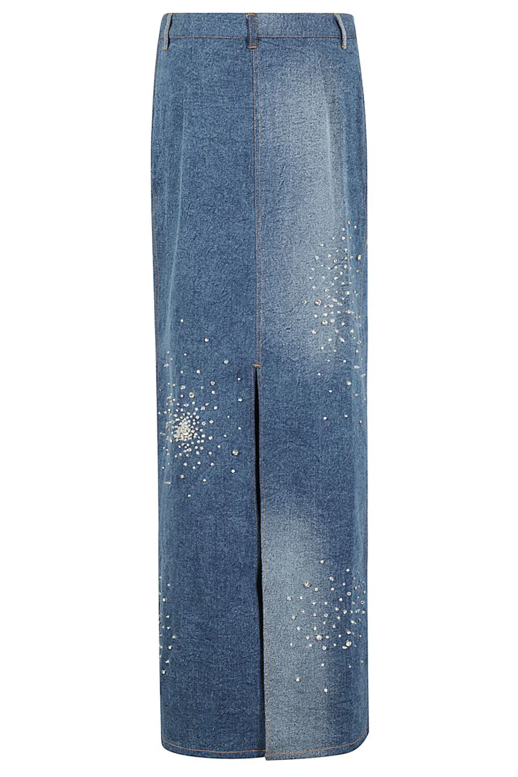 Tie Dye Embroidered Denim Midi Skirt