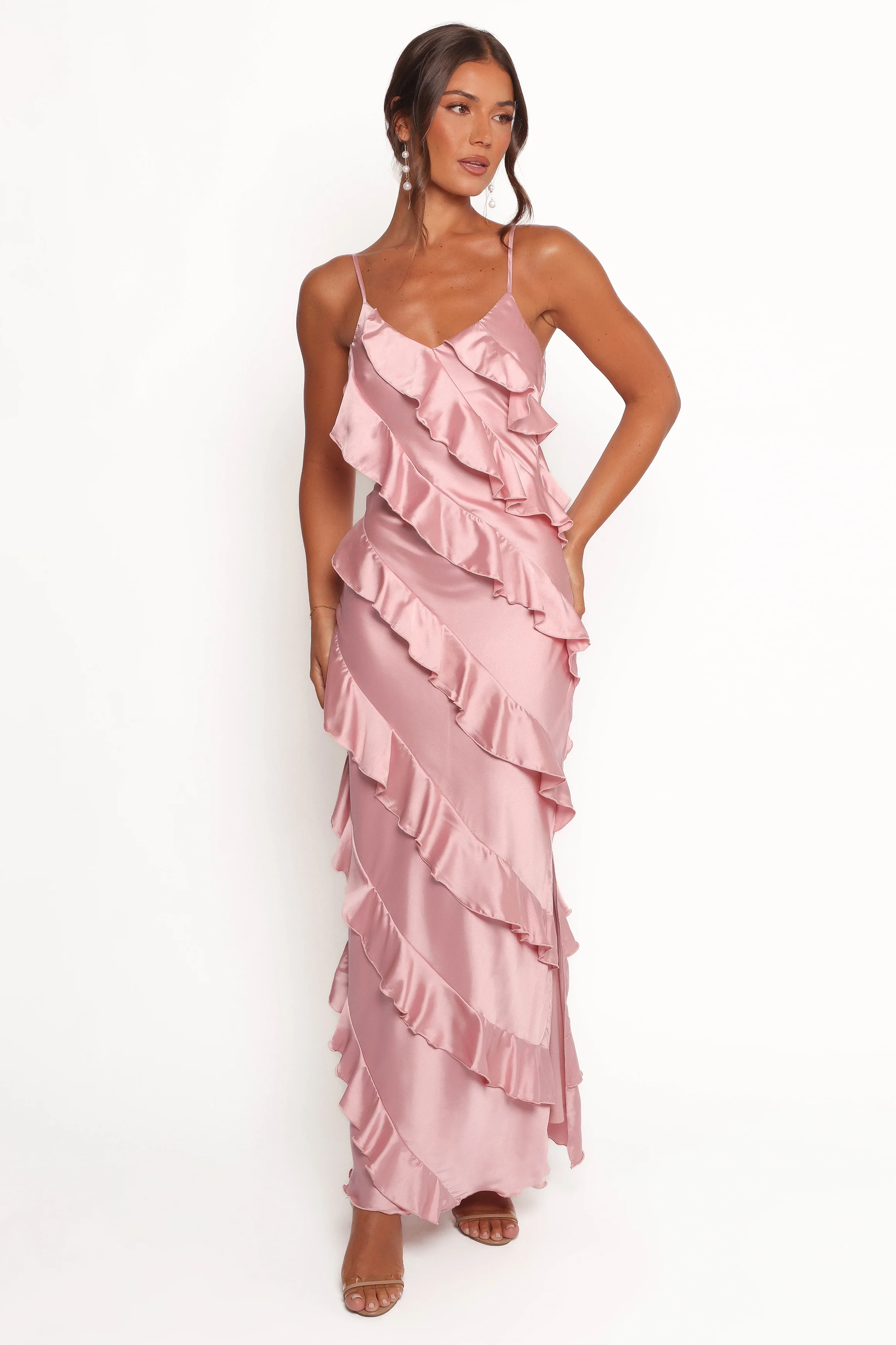 Ciao Ruffles Maxi Satin Dress - Pink