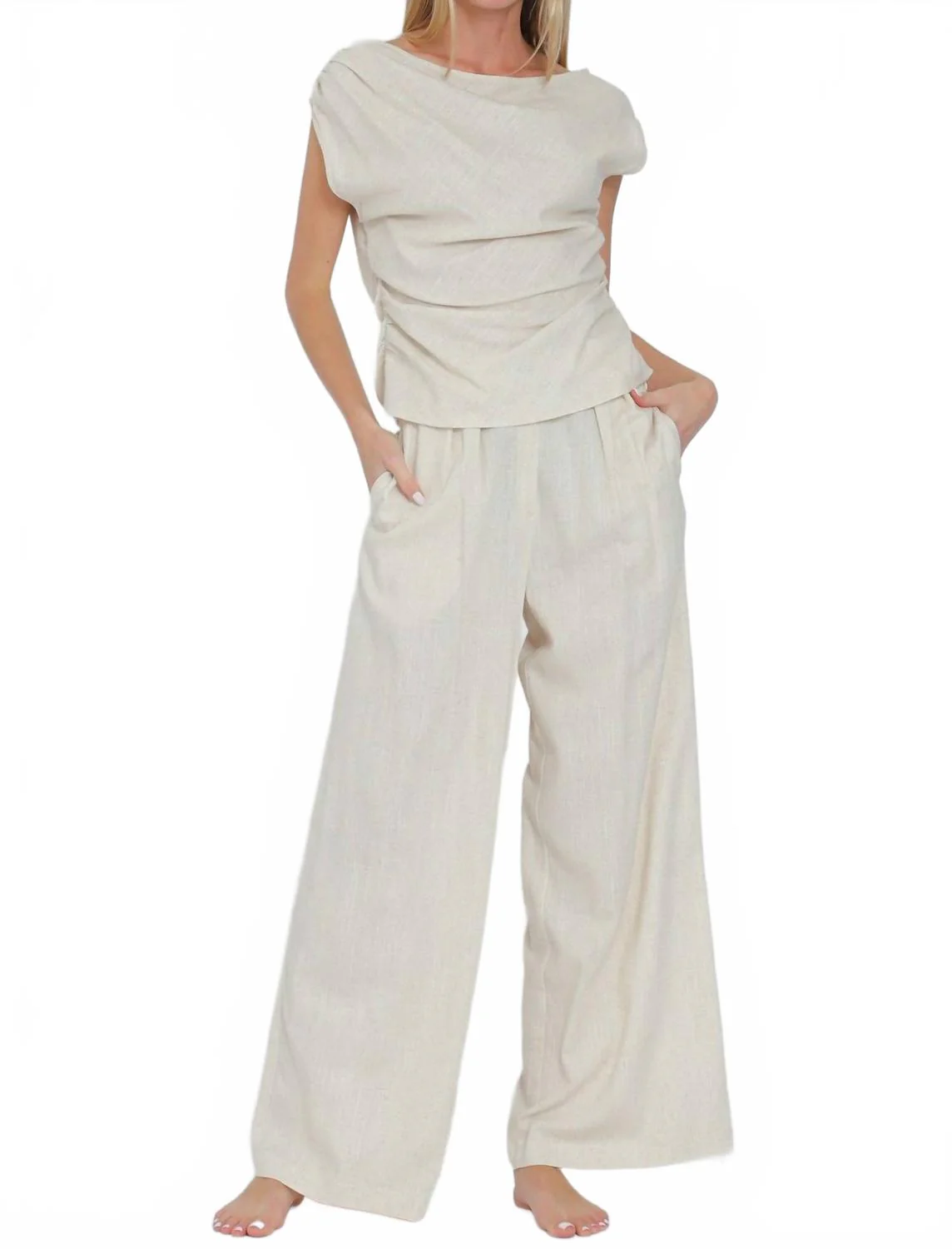 Off Shoulder Top & High Waisted Long Pants Set In Oatmeal