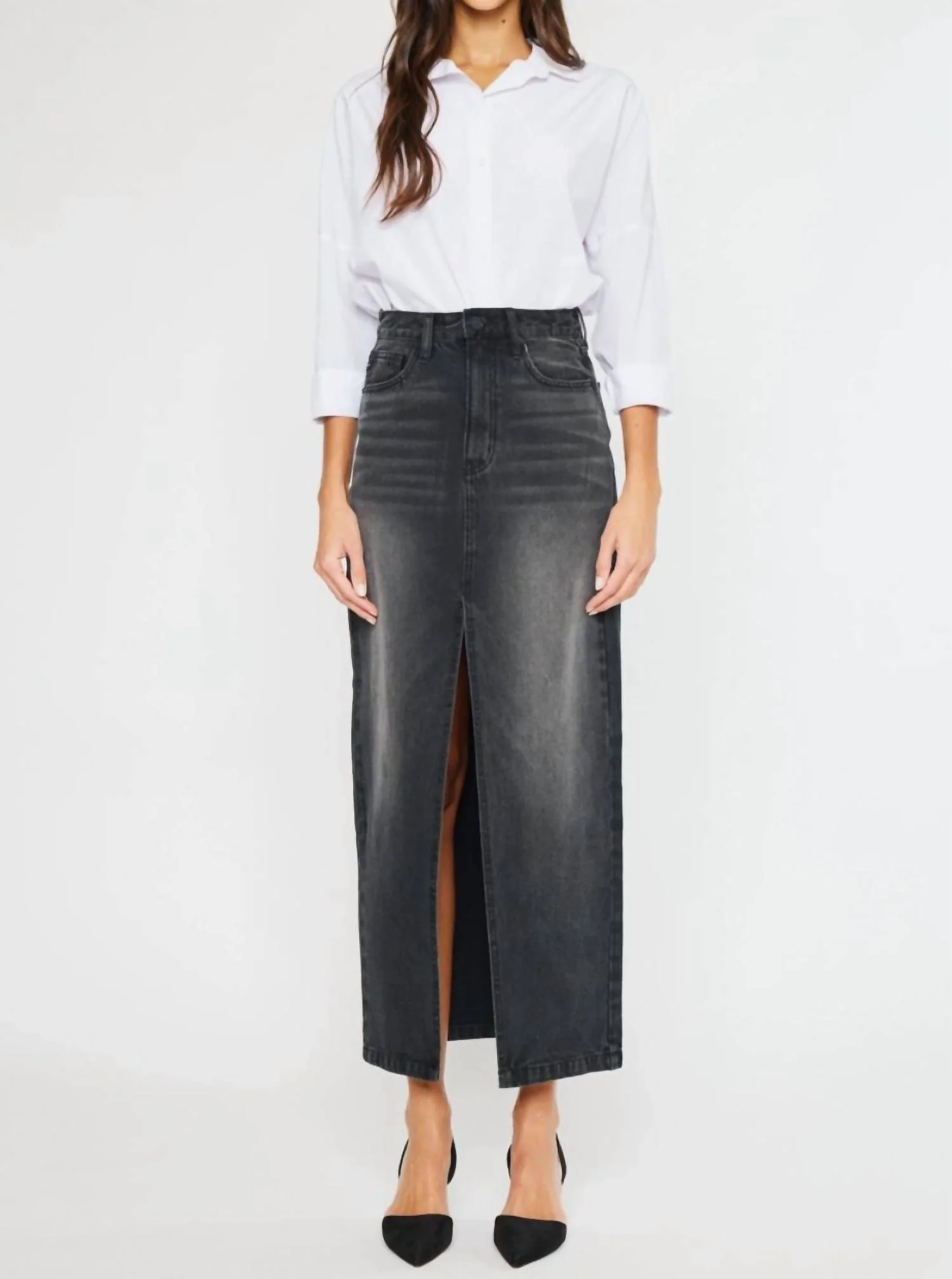 Longline Black Washed Denim Skirt