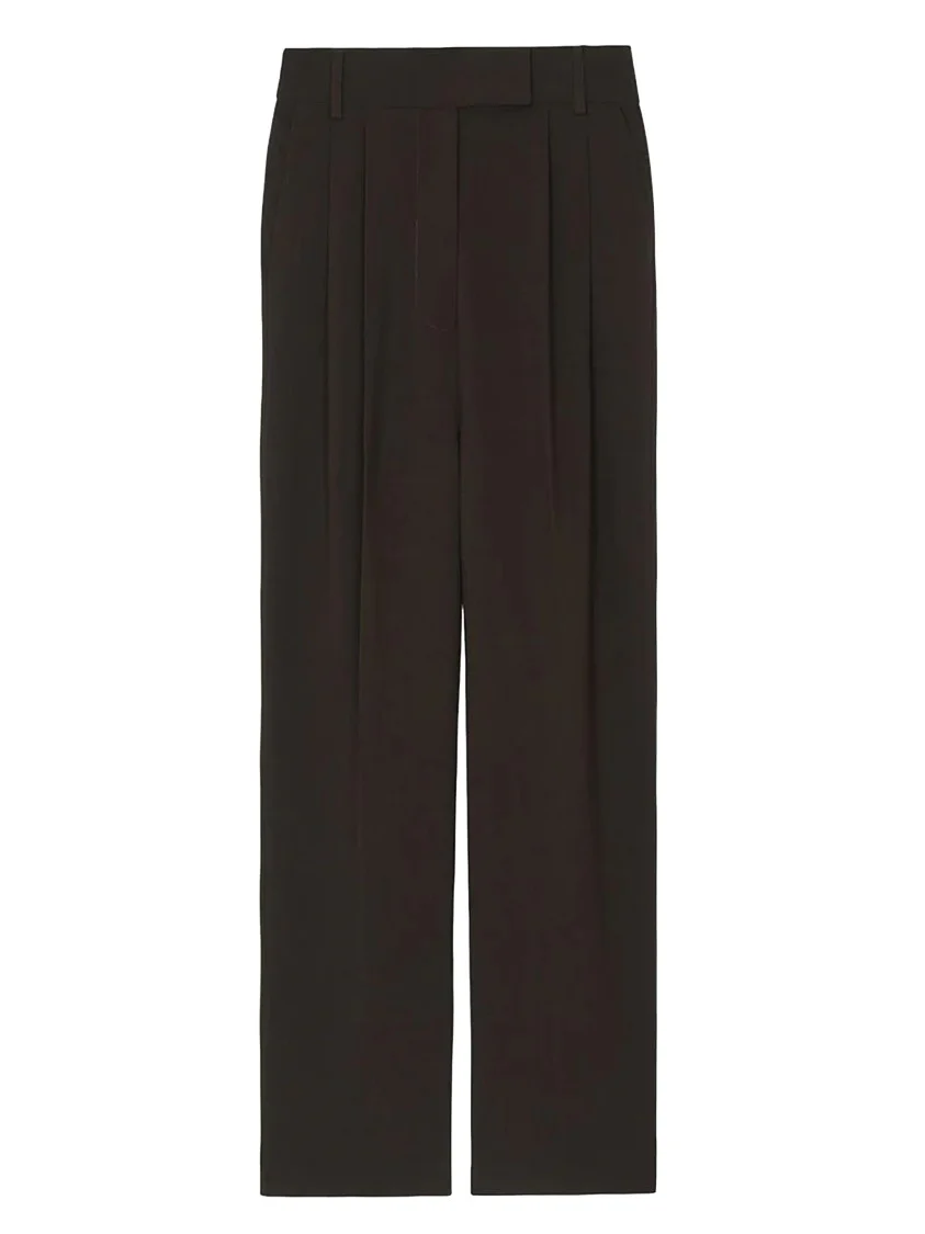 Brown Tailored Suit Pants With Pleat Detail
