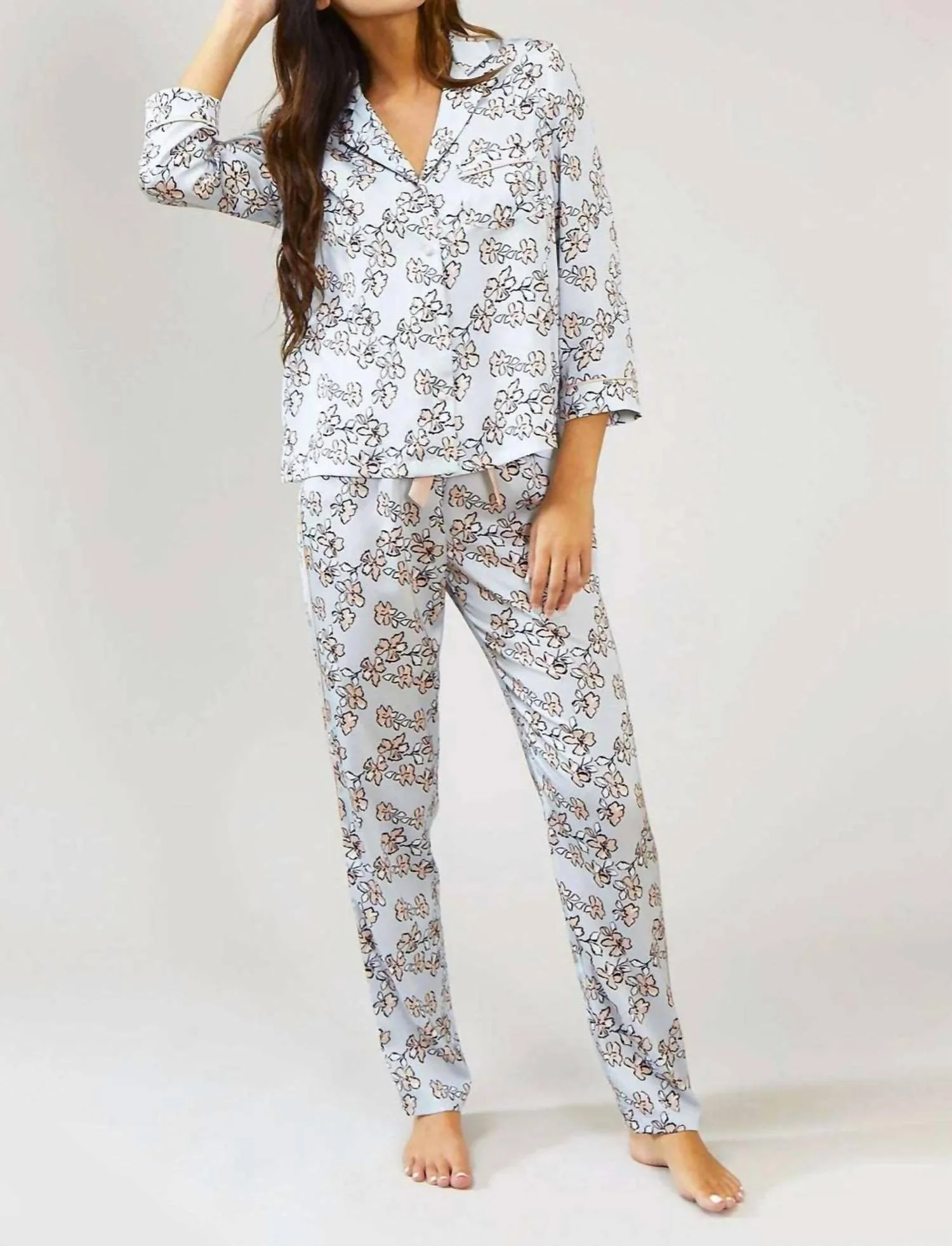 Floral Print Pajama Set In Duck Egg