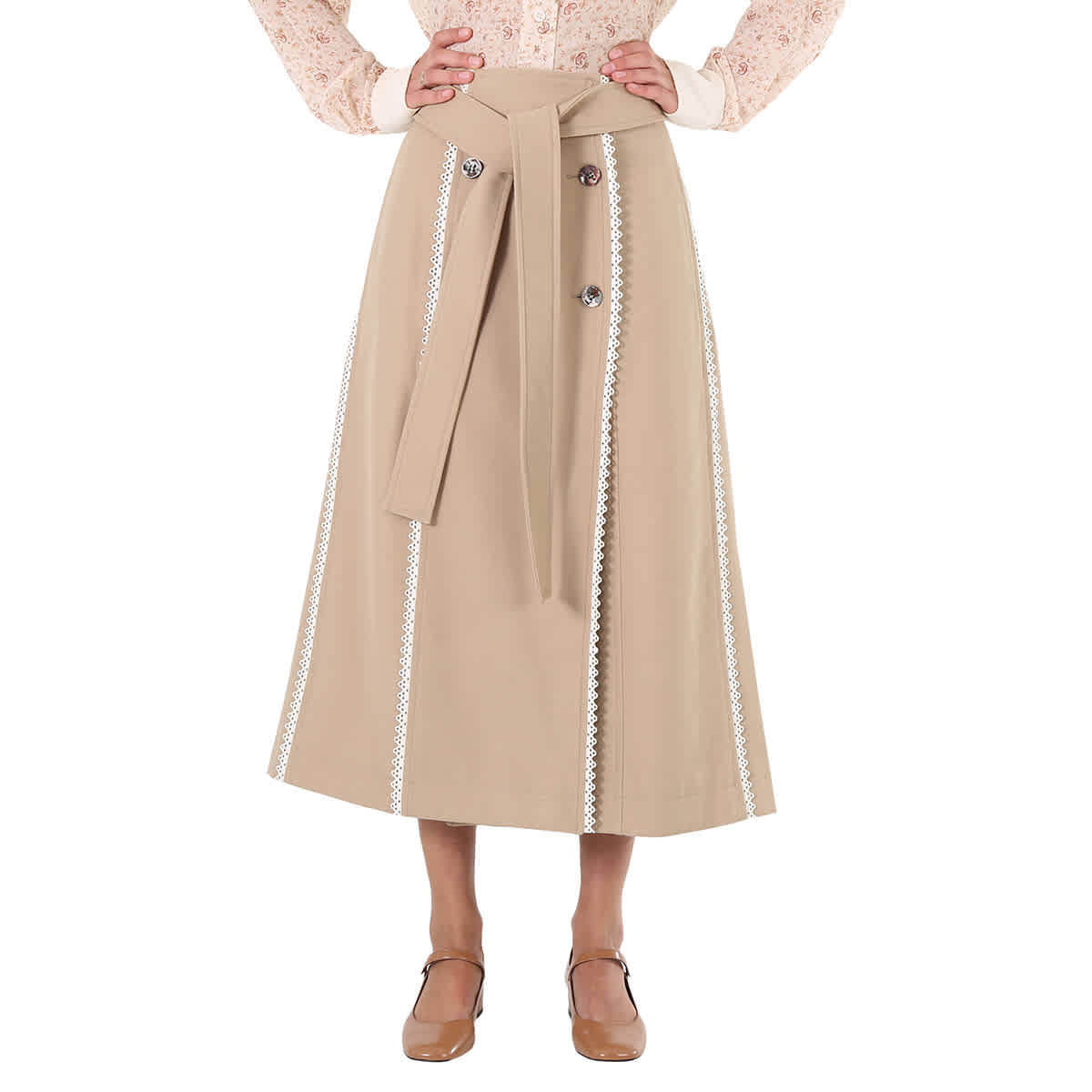 Chloe Ladies Pearl Beige Scallop-Trim Belted Trench Skirt, Brand Size 36 (US Size 4)