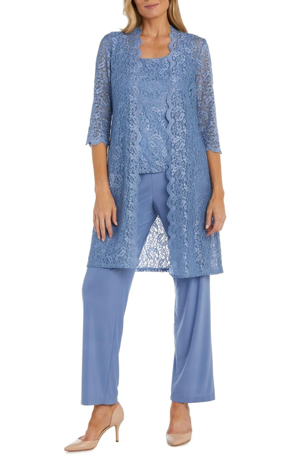 Lace 3/4 Sleeve 3-Piece Pants Set In Dusty Blue