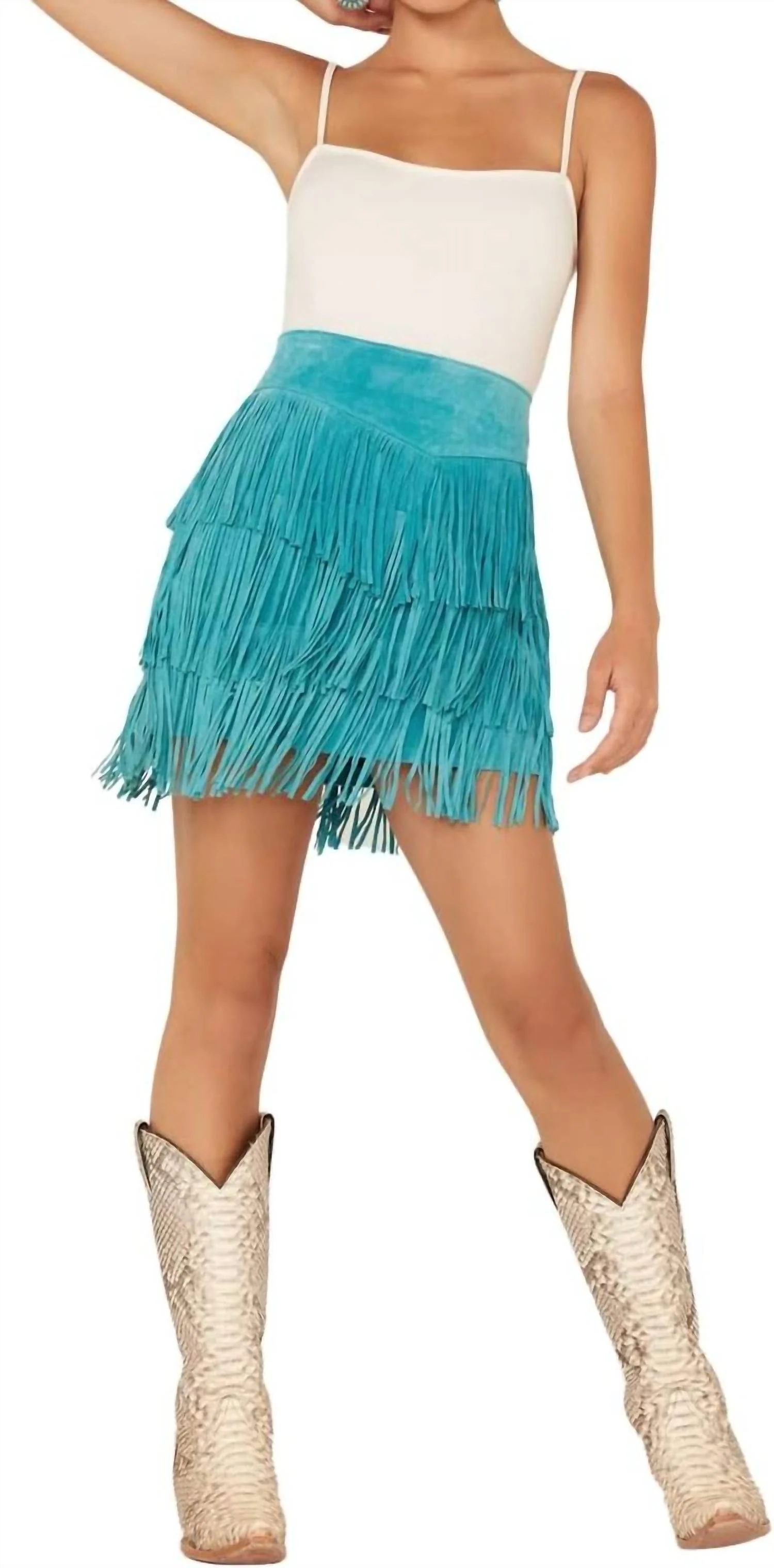 Fringe Tiered Suede Mini Skirt In Turquoise