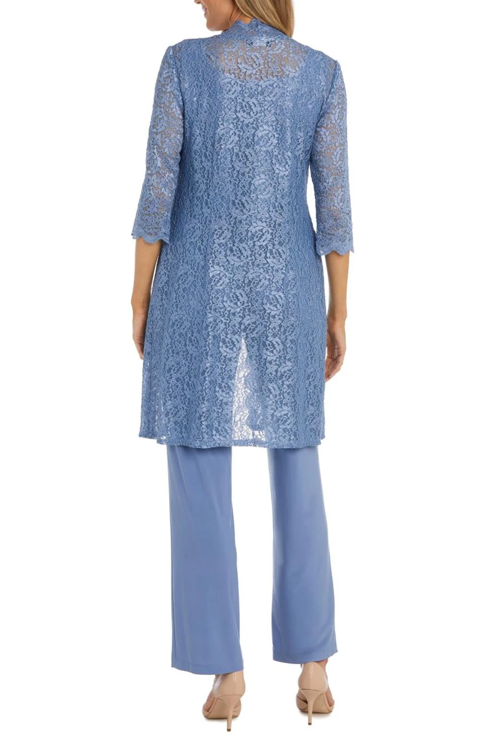 Lace 3/4 Sleeve 3-Piece Pants Set In Dusty Blue