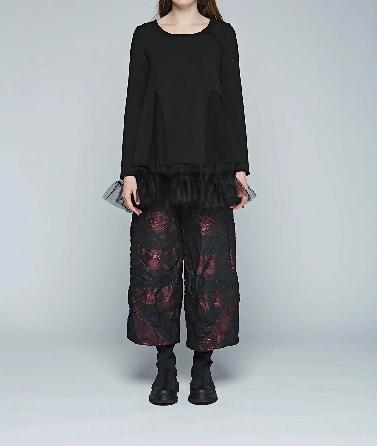 Stripe Wrinkled Pants In Burgundy/black