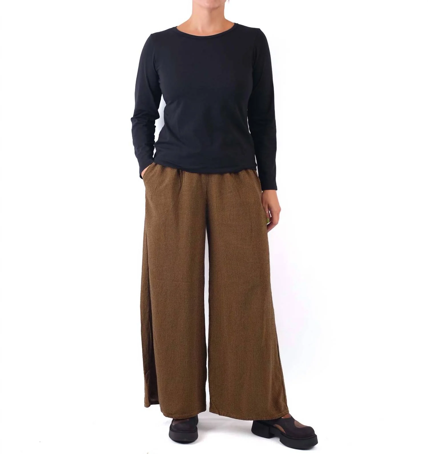 Mini Check Wide Leg Pleat Pant In Brass