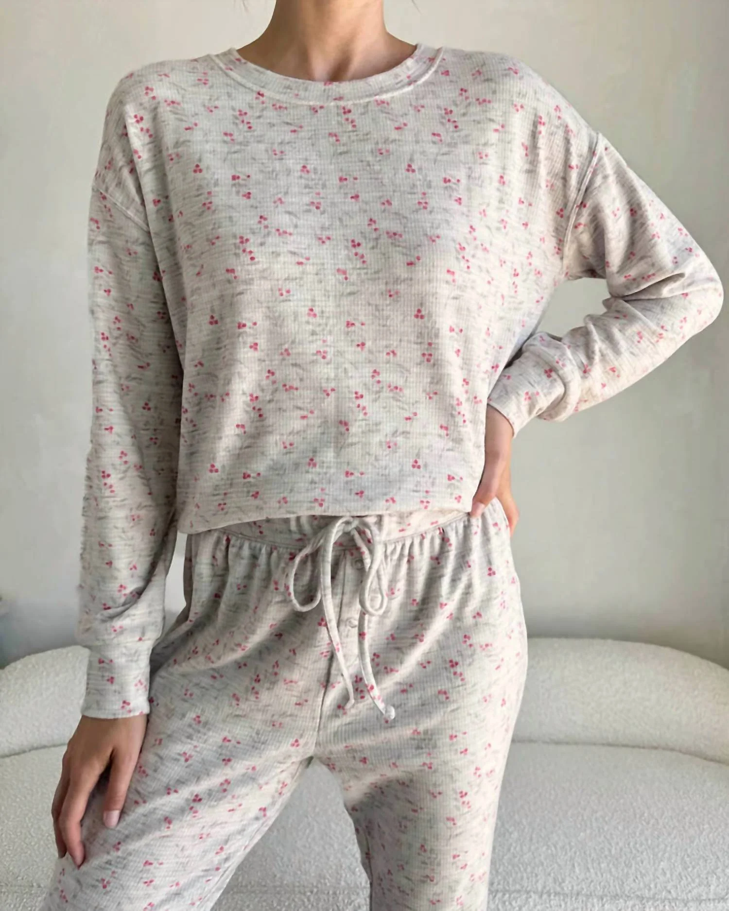 Marna Waffle Thermal Pajama Set In Holly Bunches
