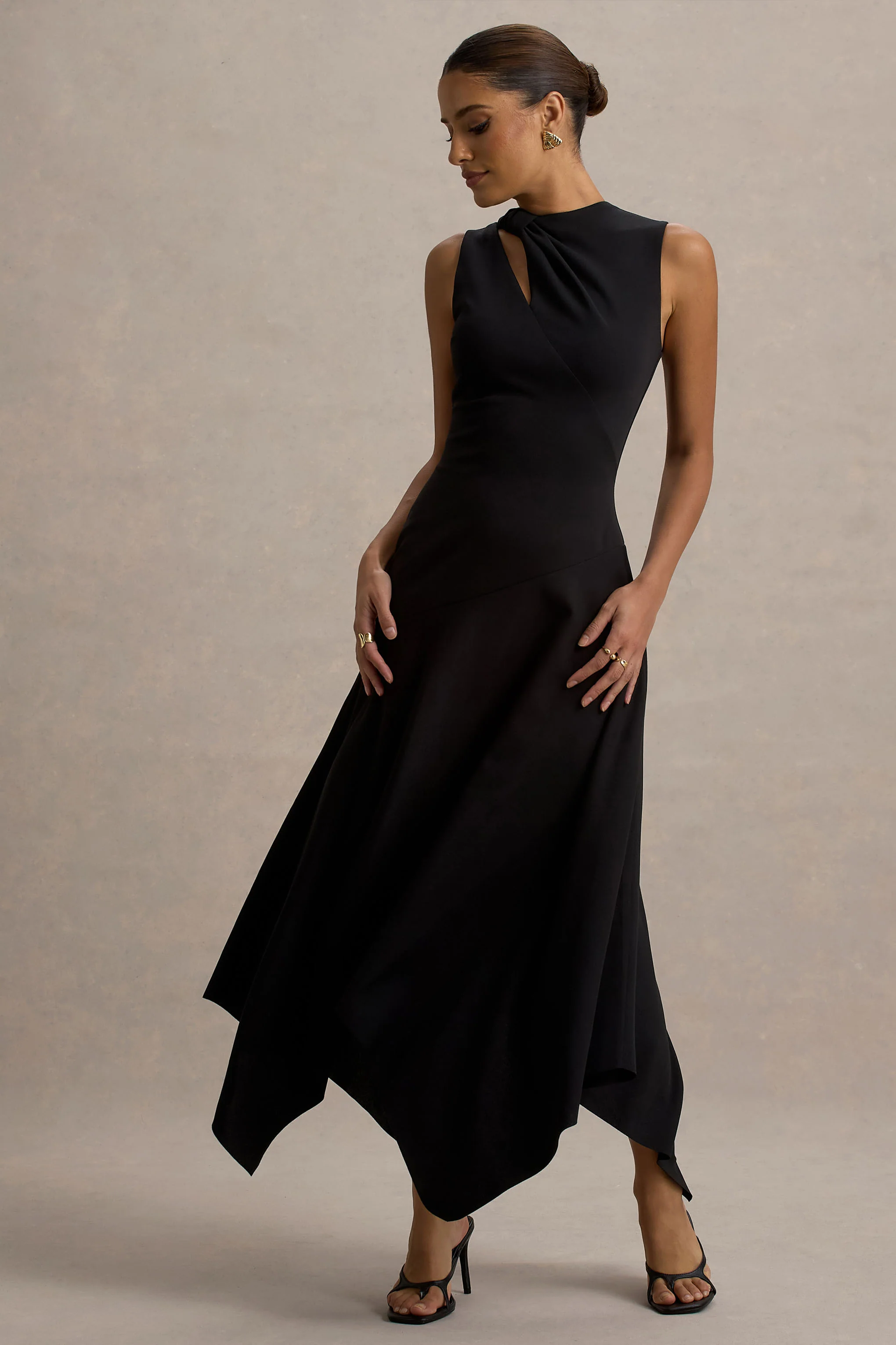 Francesca | Black Knotted Midi Dress With Handkerchief Hem