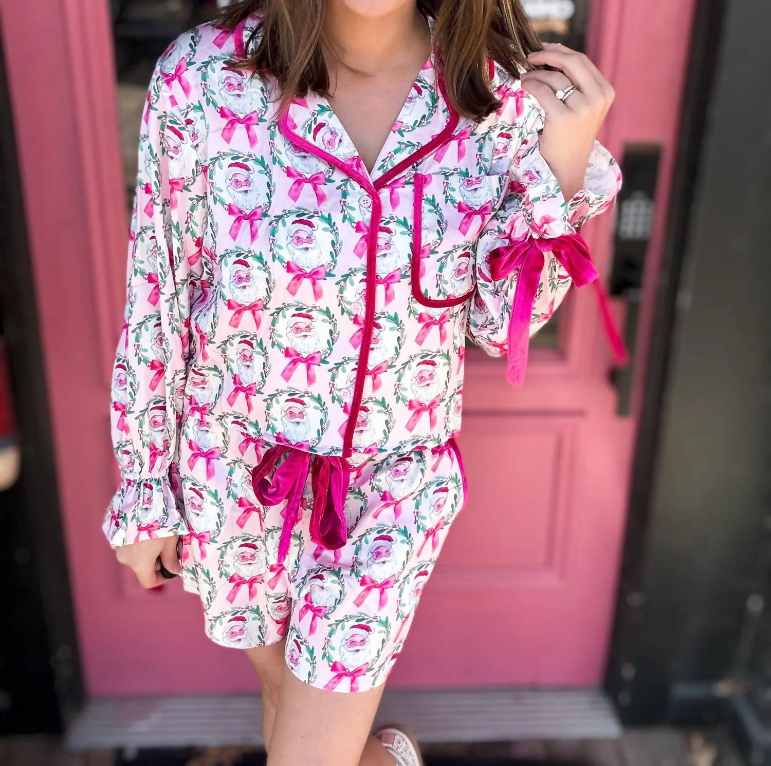 Satin Santa Pajama Set In Pink Multi