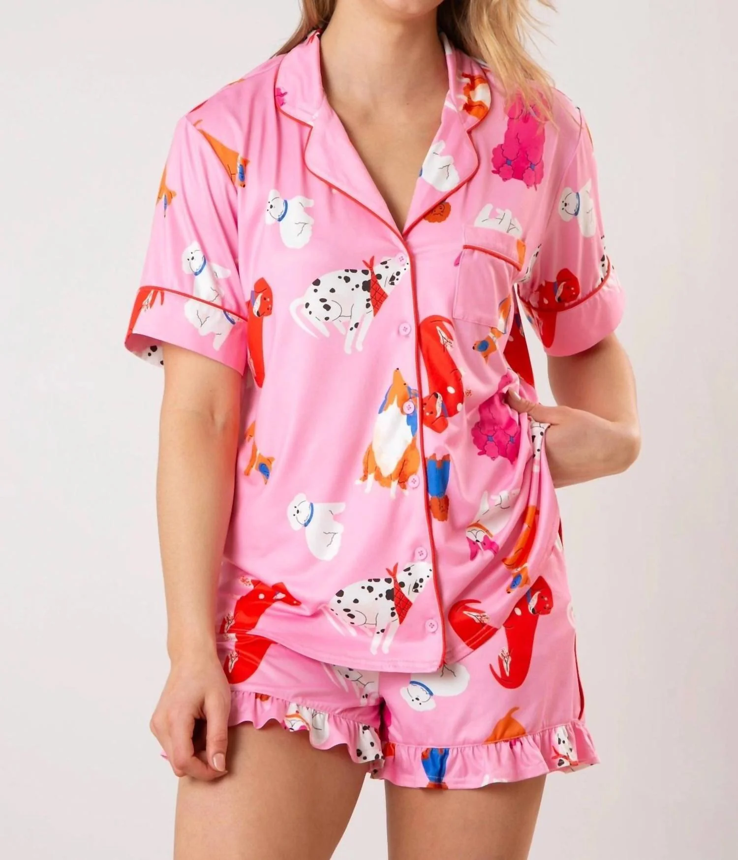 Puppy Dog Short Sleeve Button Down Pajama Top In Pink