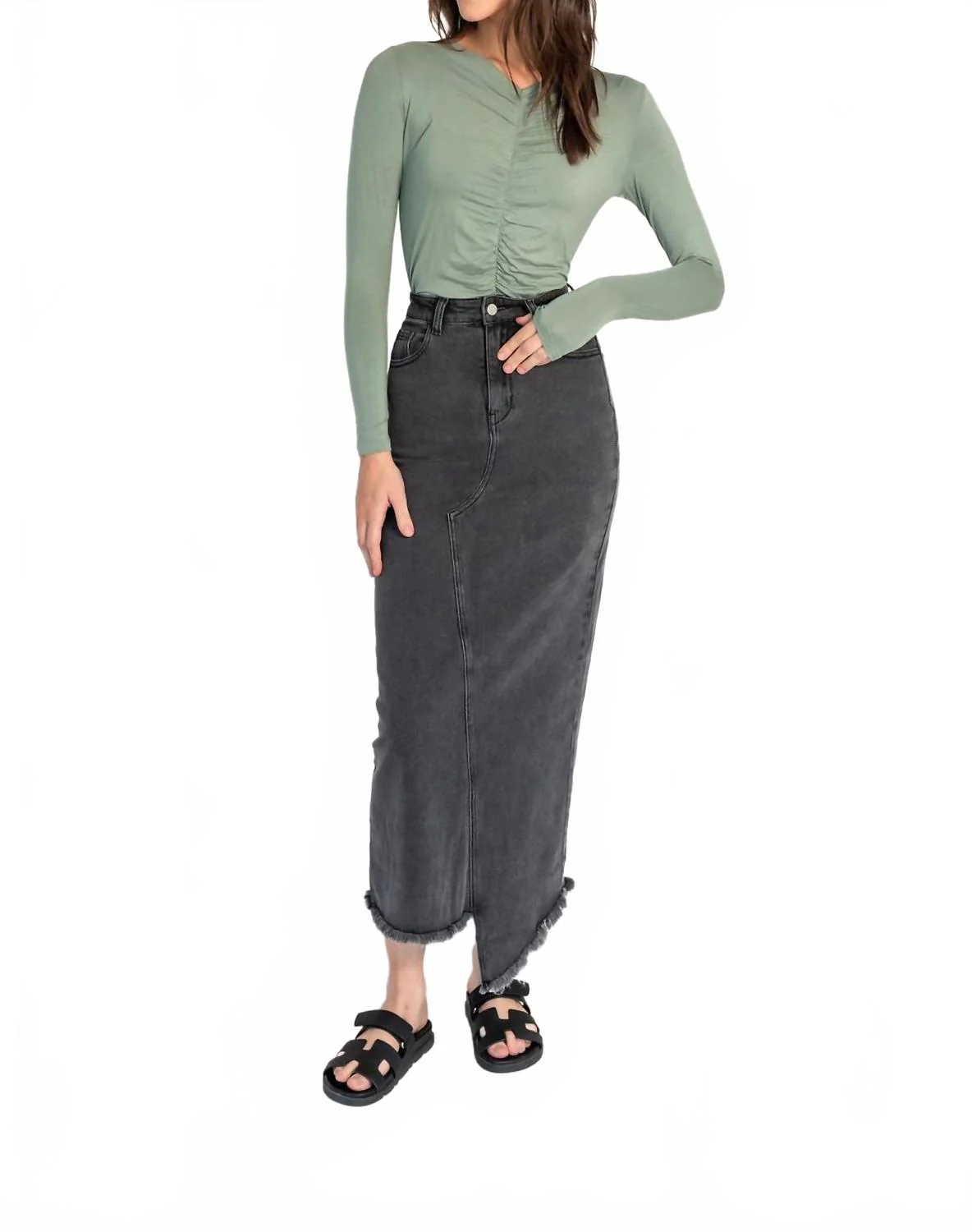 Frayed Hem Asymmetrical Stretch Denim Maxi Skirt In Grey Wash