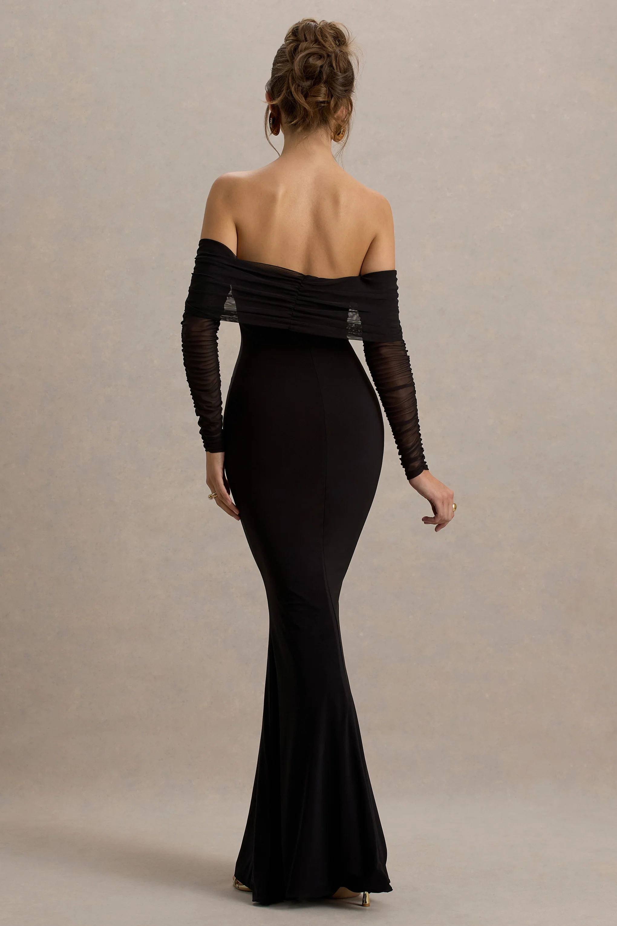 Madeleine | Black Fishtail Maxi Dress With Bardot Mesh Long Sleeves