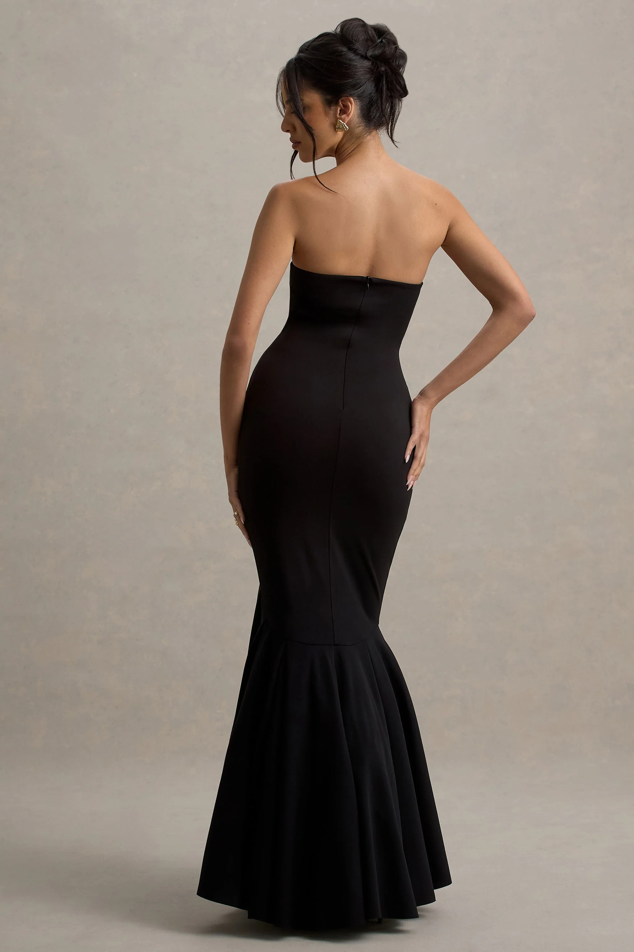 Angela | Black Bandeau Fishtail Maxi Dress