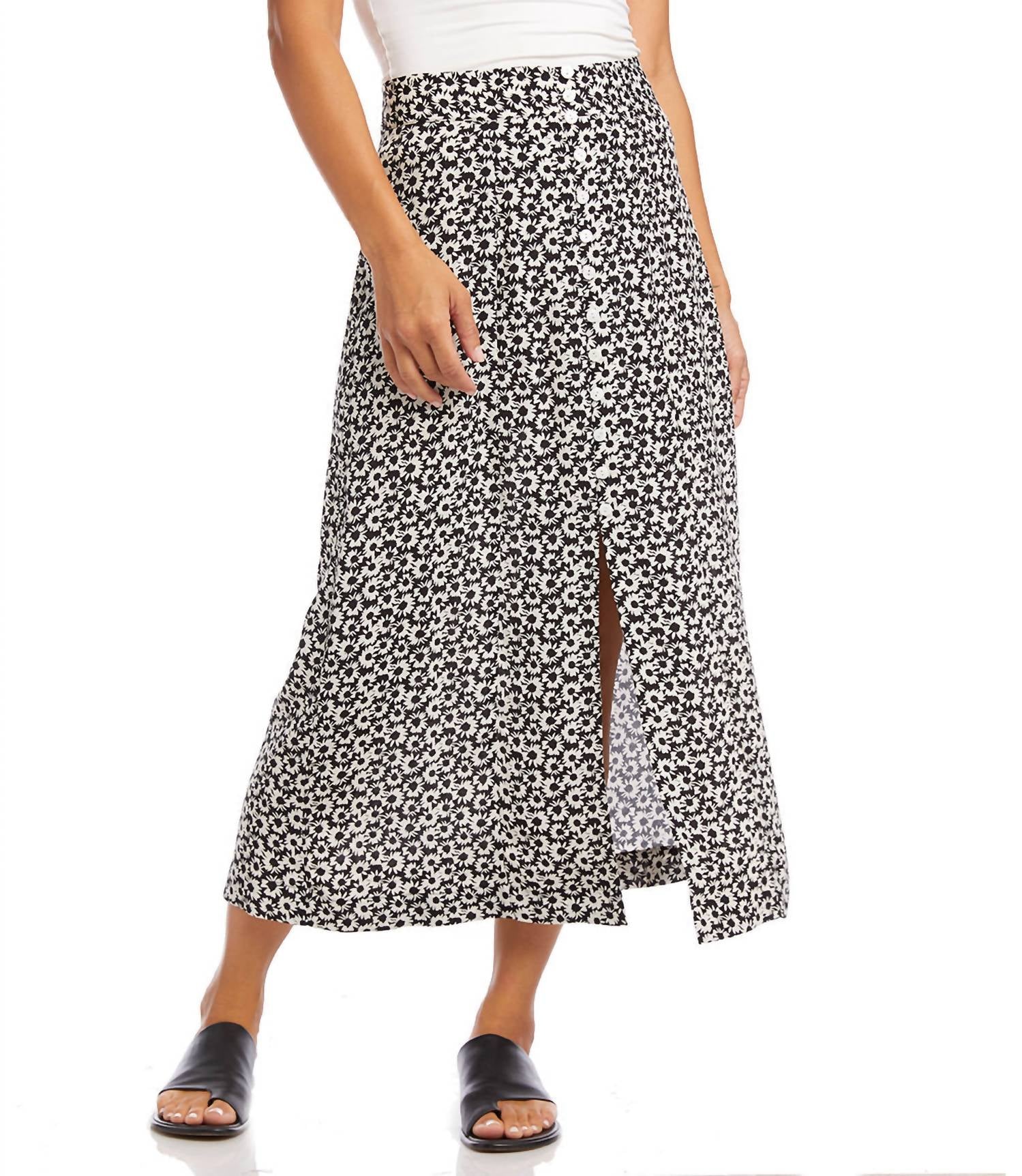 Button Front Midi Skirt In Black/white