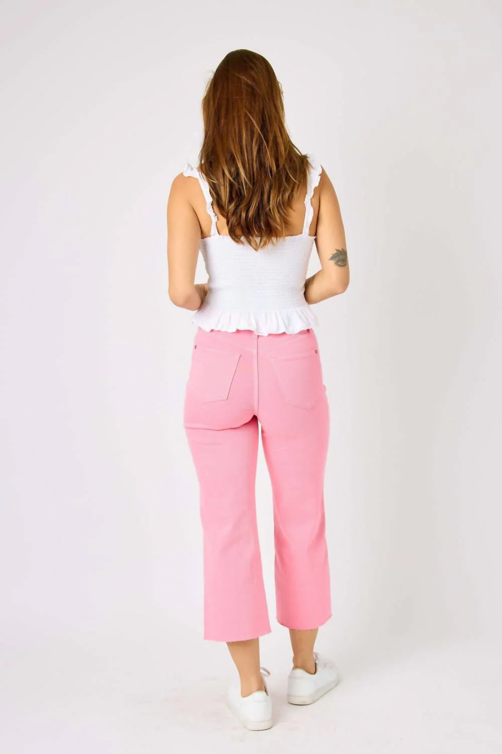 Tummy Control Wide Leg Crop Denim Jeans In Pink