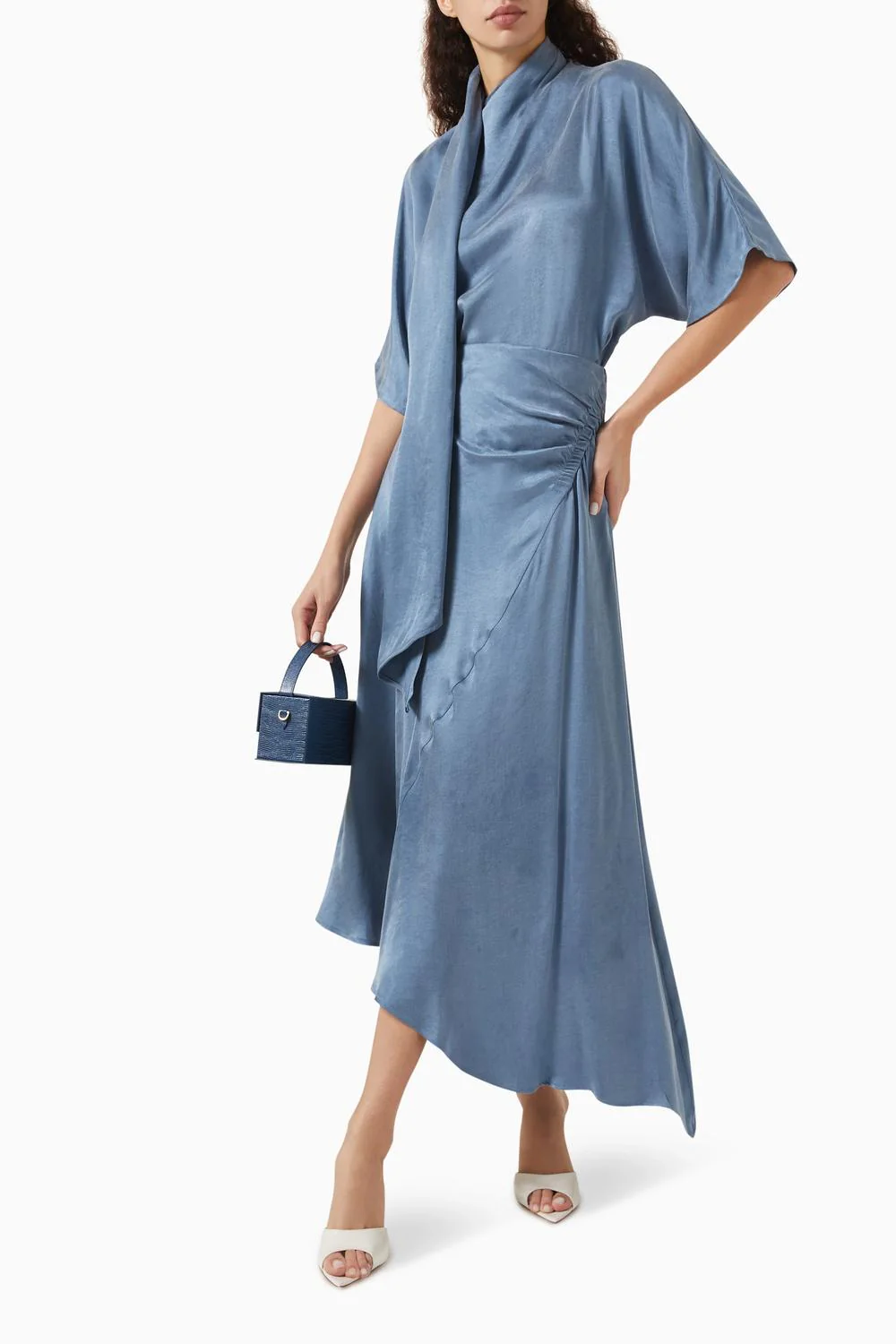 Asymmetrical Blouse And Ruched Midi Skirt Set In Blue