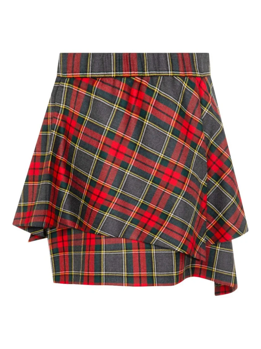 Asymmetric Wrap Skirt With Check Pattern And Button Fastening