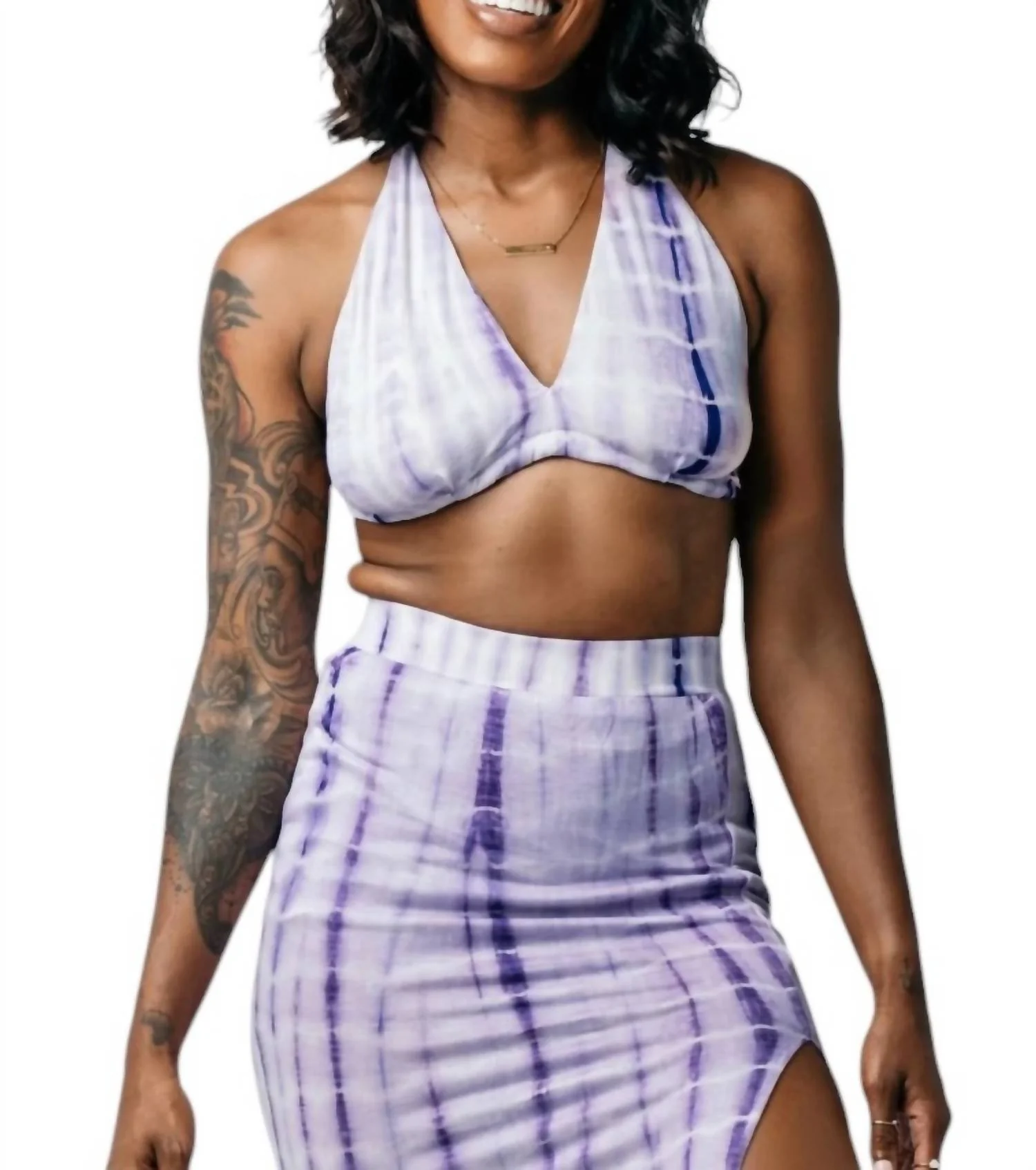 Tie Dye Maxi Skirt Set With Split In Lavender