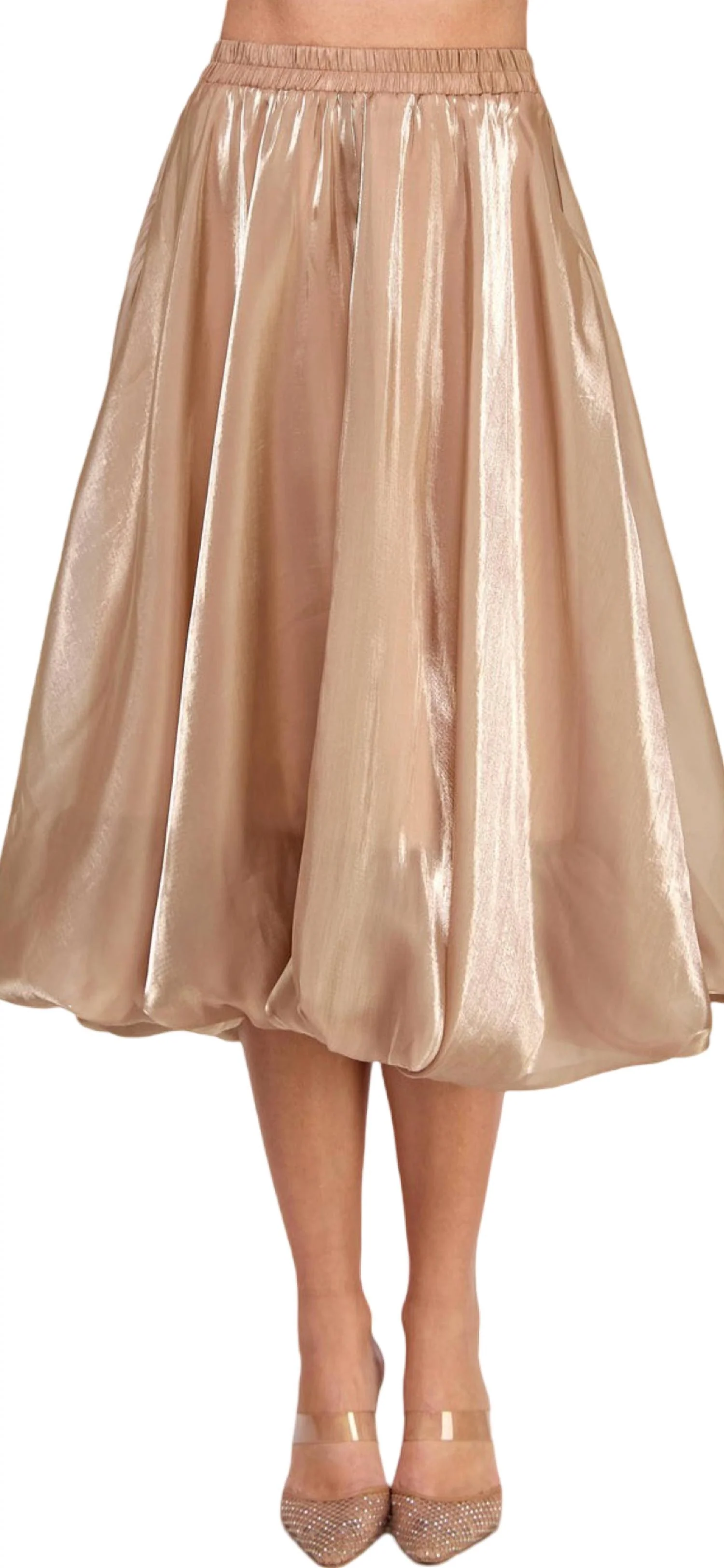 Shiny Bubble Hem Midi Skirt In Camel