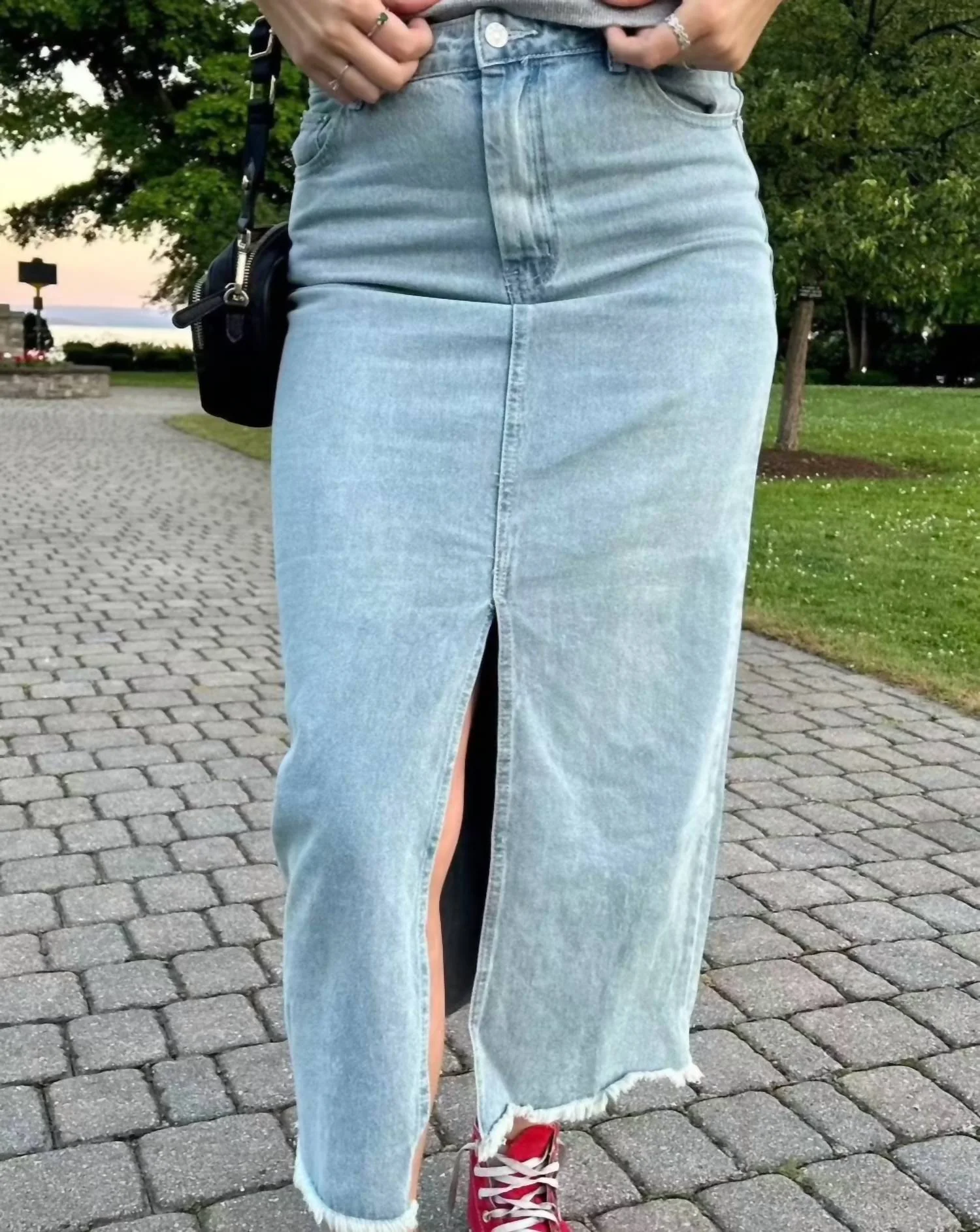 Izzy Denim Midi Slit Skirt In Light Wash