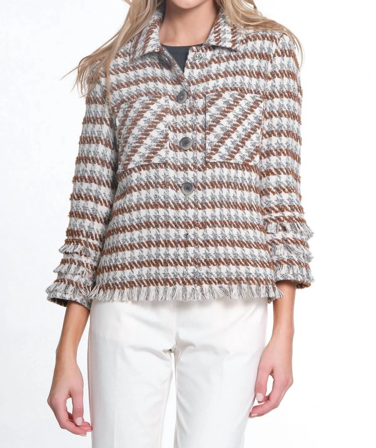 Triple Fringe 3/4 Sleeve 2-Pocket Button & Snap Front Jacket In Multi