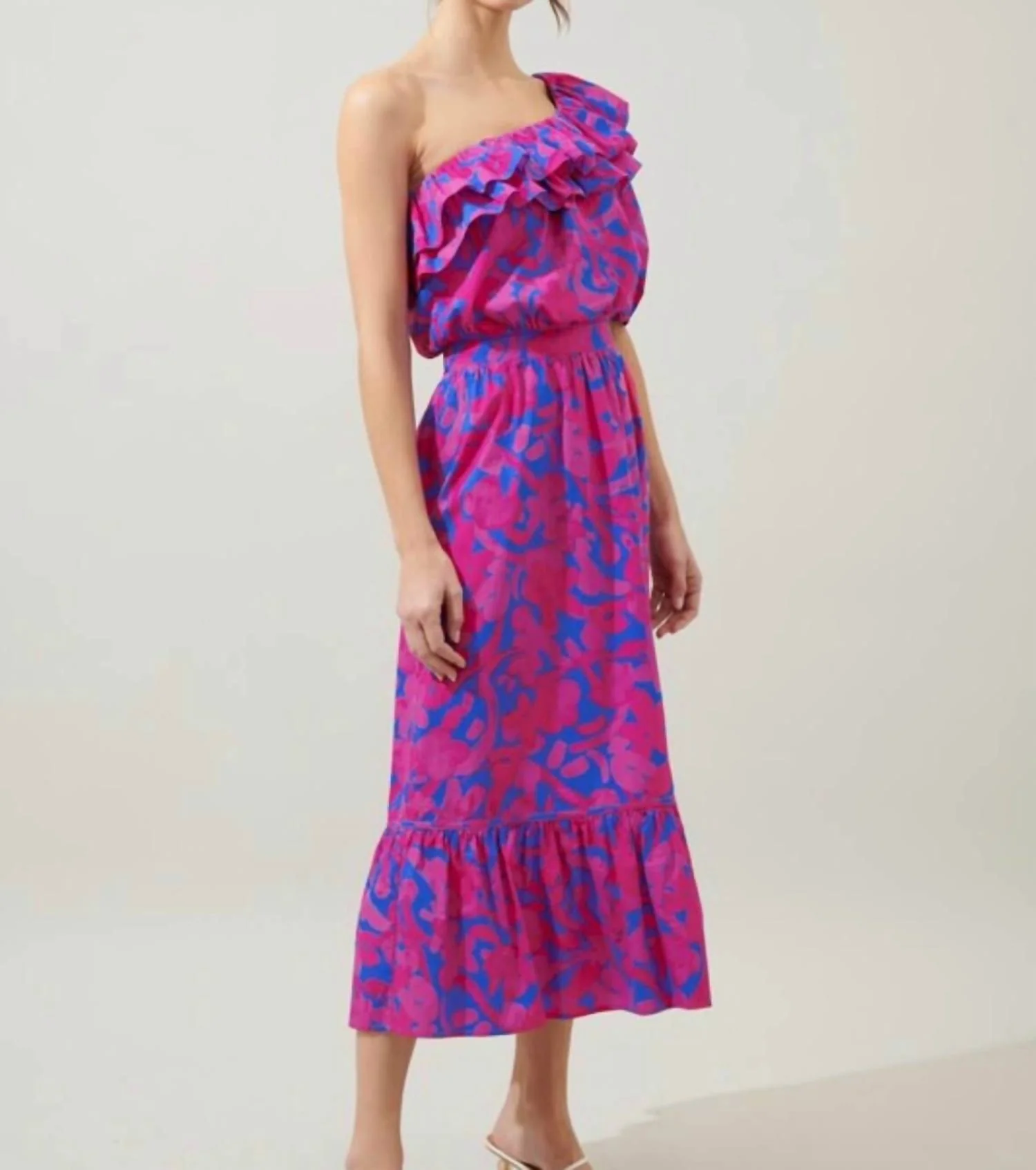 The Amore Set: One Shoulder Maxi Ruffle Skirt Set In Pink/blue