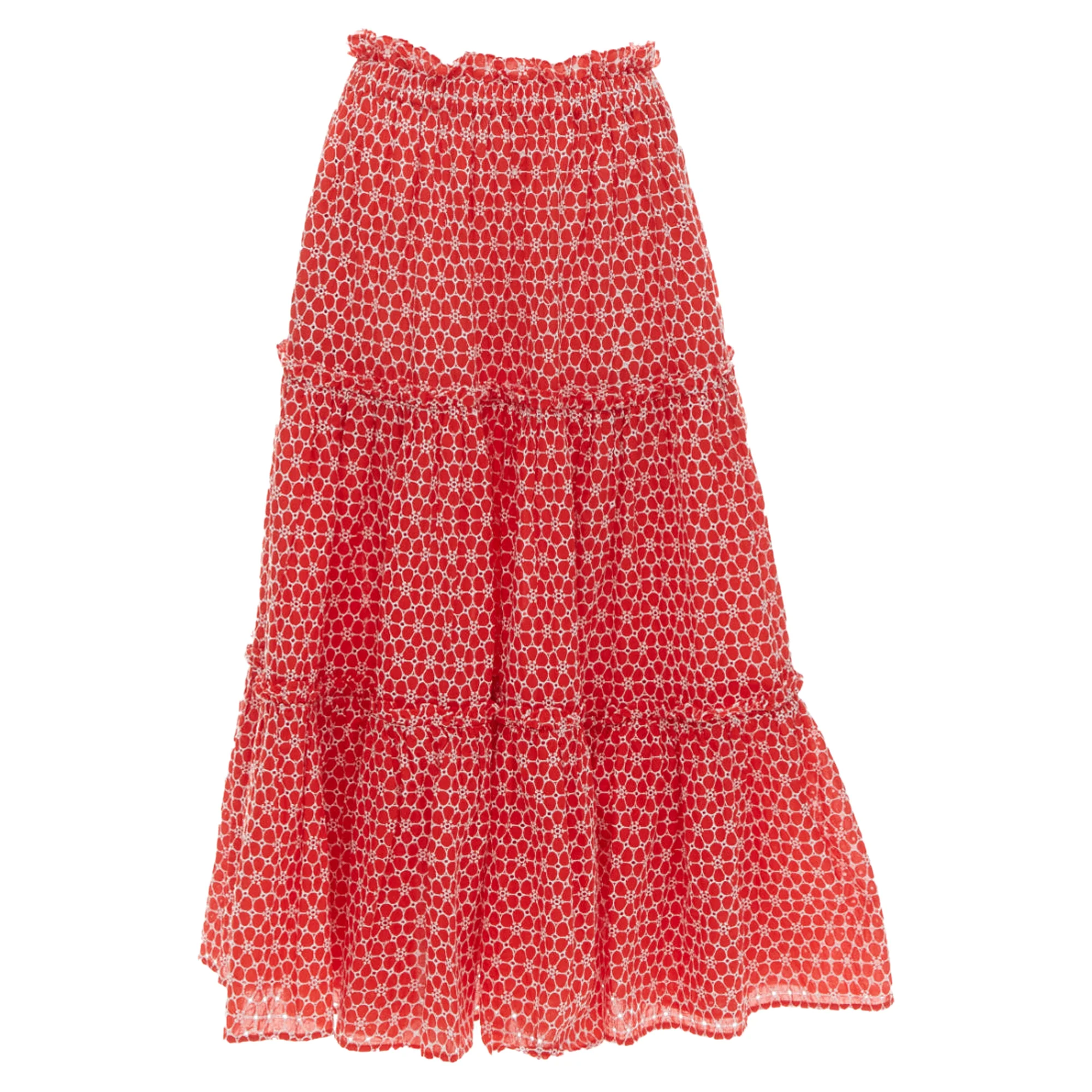 Lisa Marie Fernandez Red cotton embroidery eyelet ruffle midi skirt