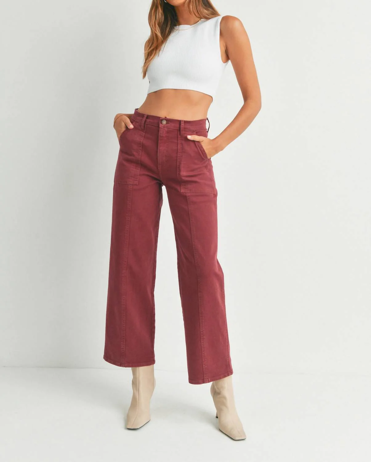 New Seamed Utility Straight Leg Jeans In Burgundy