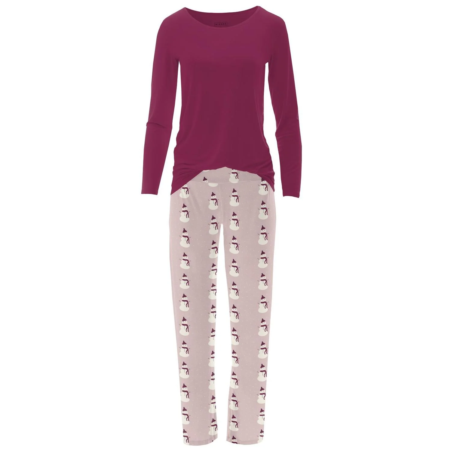 Women's Bamboo Print Long Sleeve Loosey Goosey Tee & Pajama Pants Set In Baby Rose Snowman