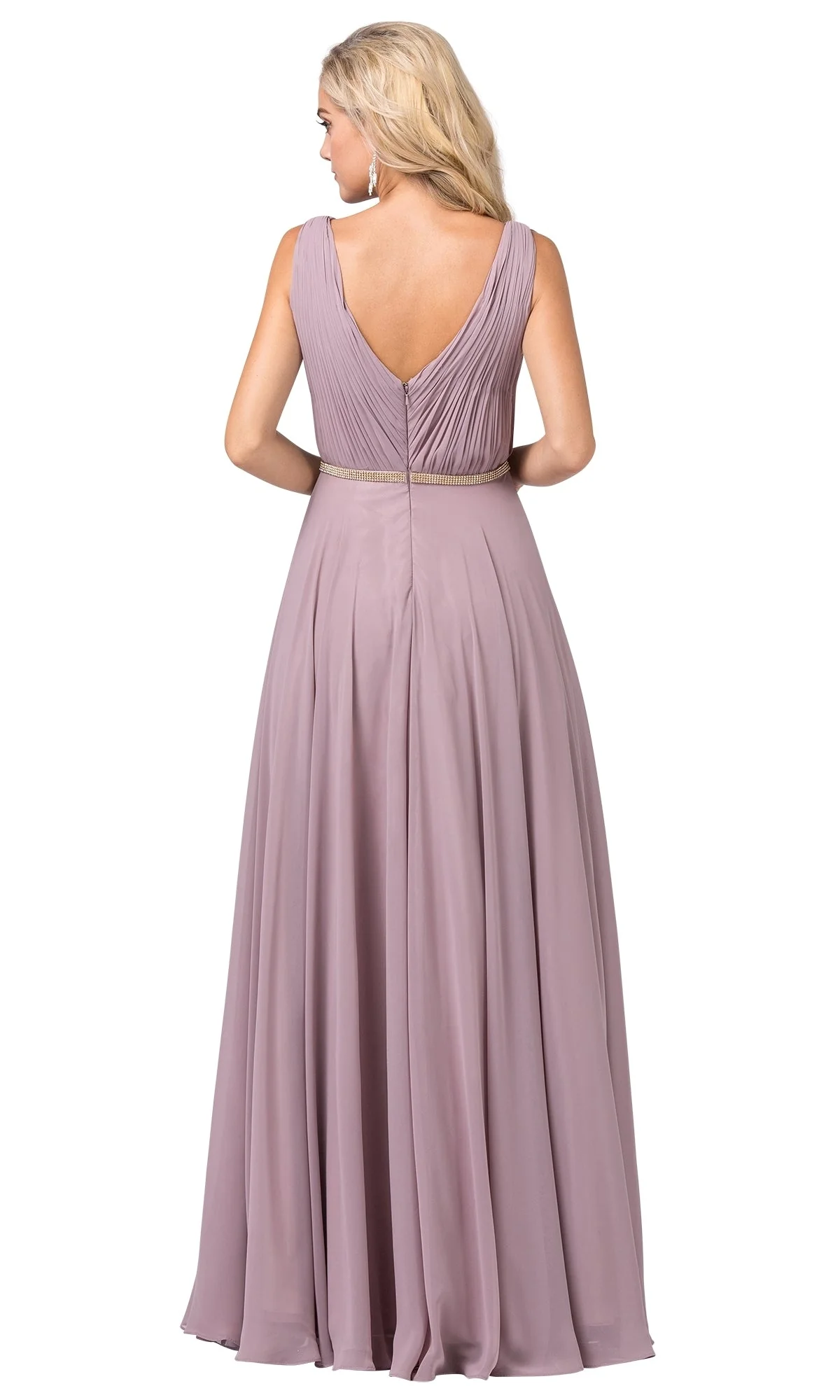 Pleated-Bodice Chiffon Formal Dress with Beaded Belt