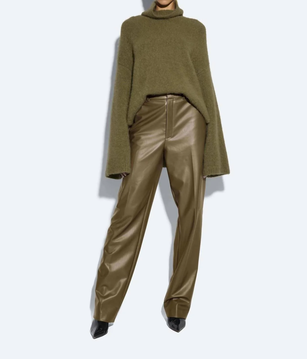 Stretch Faux Leather Tapered Trouser In Dark Olive