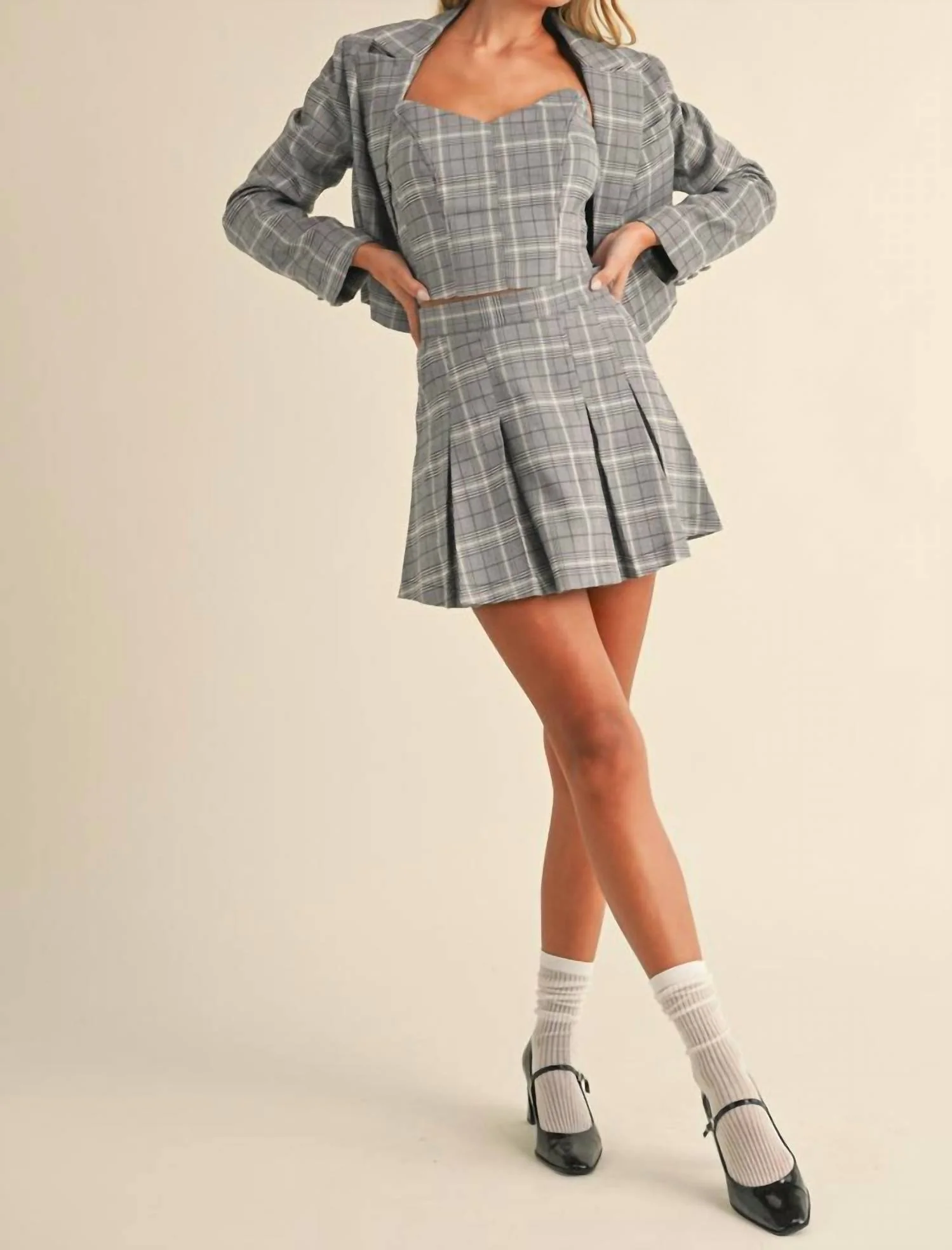 Plaid Crop Top, Cropped Blazer, And Pleated Mini Skirt In Black Combo
