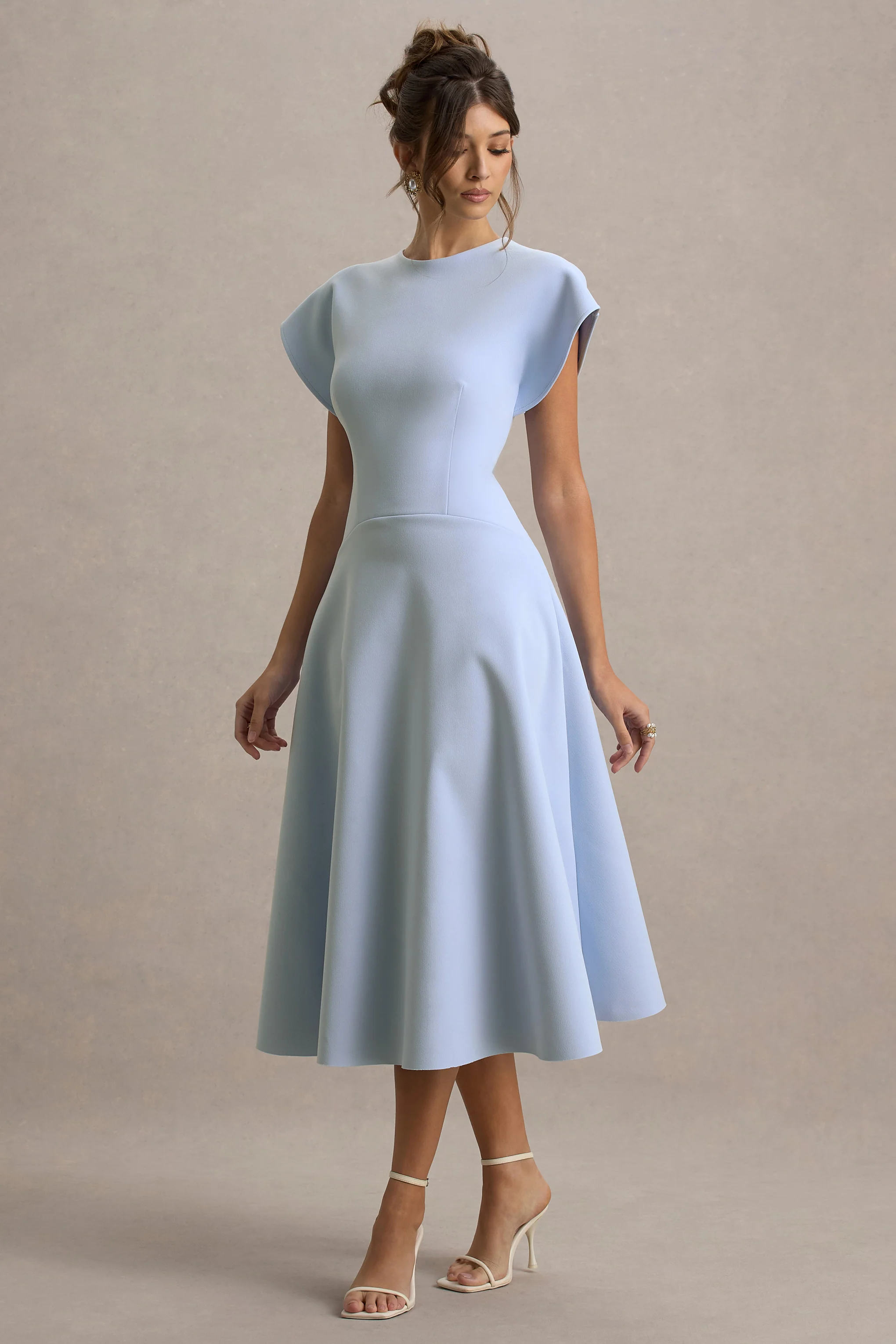 Linda | Powder Blue High-Neck Cap-Sleeve Midi Dress