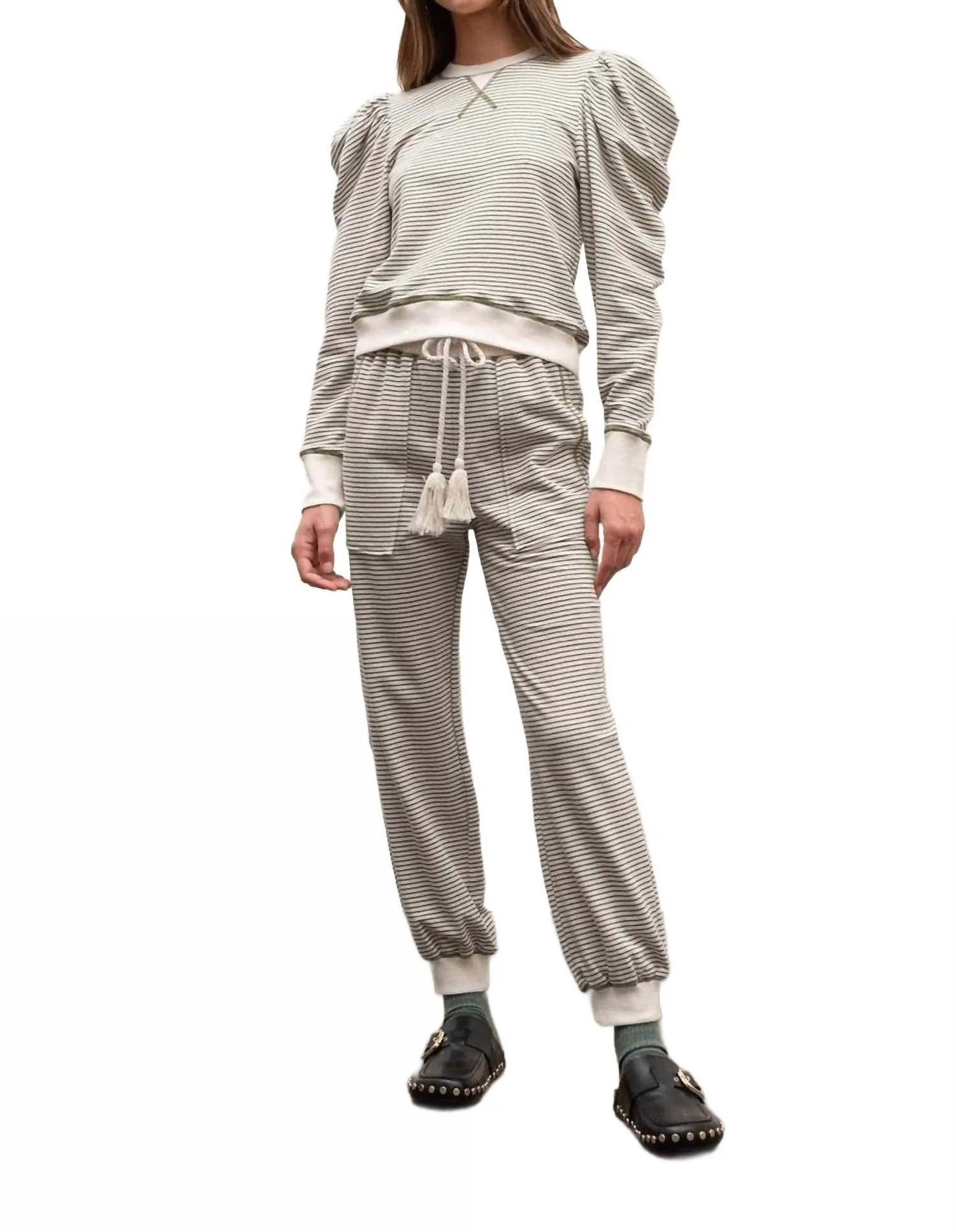 Striped Contrast Lounge Pajama Set In Olive Green