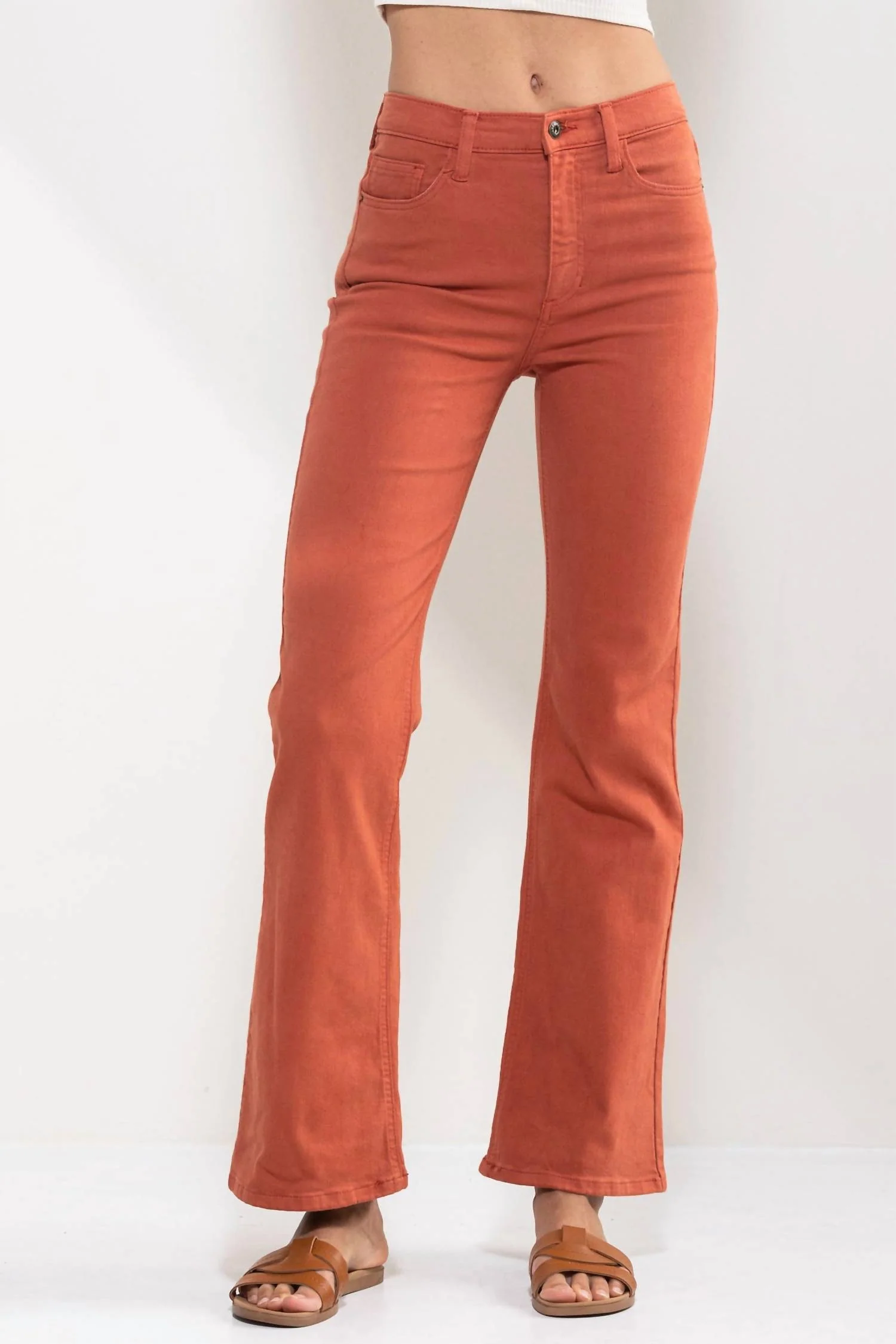 High Rise Solid Slim Bootcut Jeans In Rust